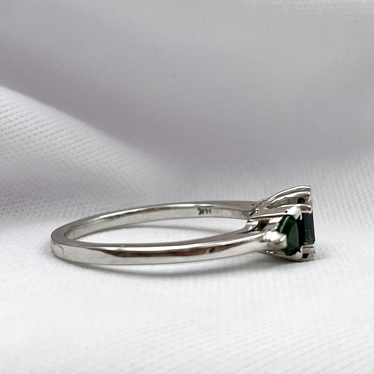 side view white background .92ct Sapphire And Chrome Tourmaline Three Stone Ring 14k White Gold