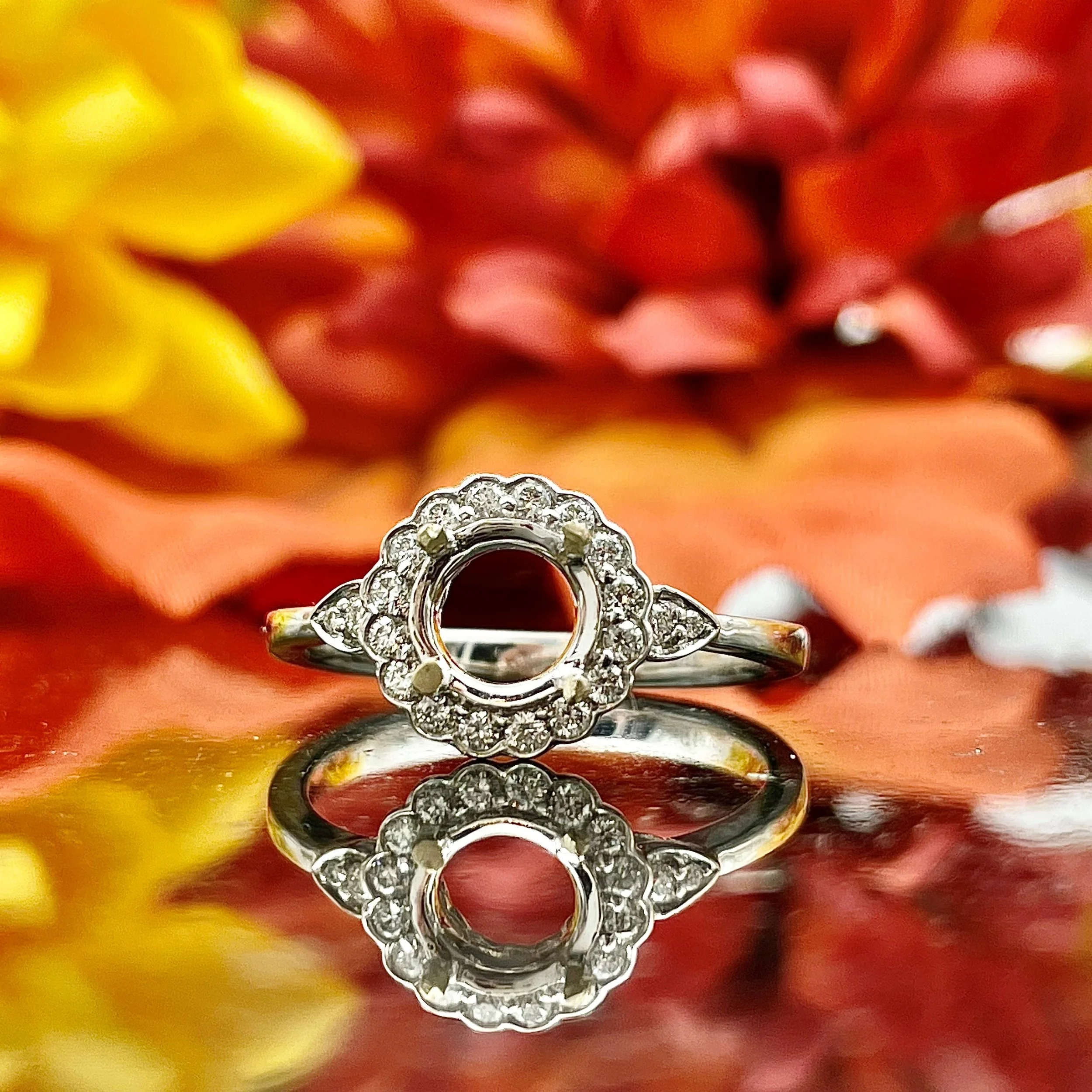 6.5mm Center .20ctw A+ Diamond Flower Halo Semi Mounting 18k White Gold