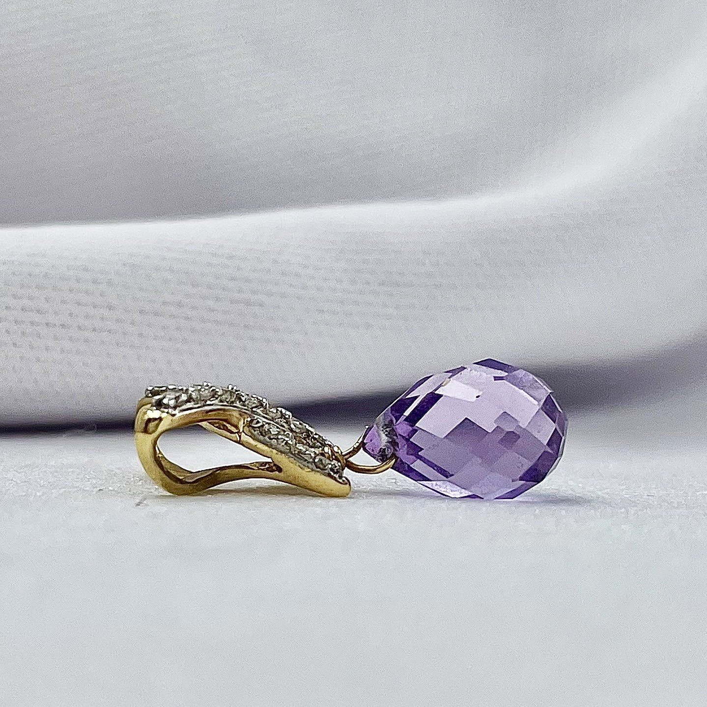side view white background 14k Yellow Gold Briolette Cut Amethyst With .09ctw Diamond Accents Pendant