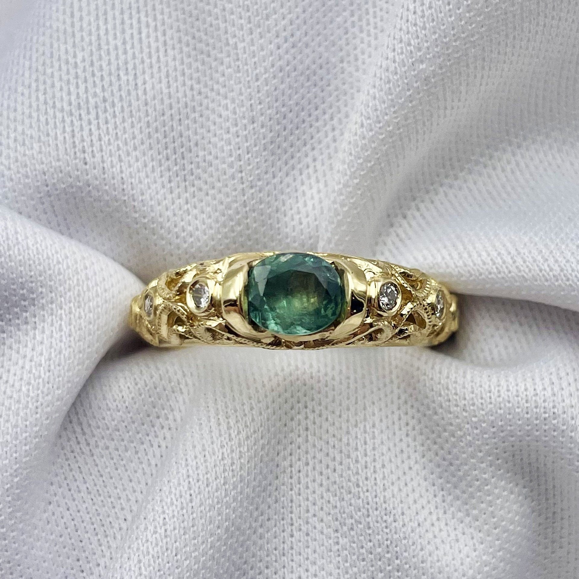 top down white background .66ct Oval Alexandrite With Diamond Accents Vintage Inspired Ring 14k Yellow Gold