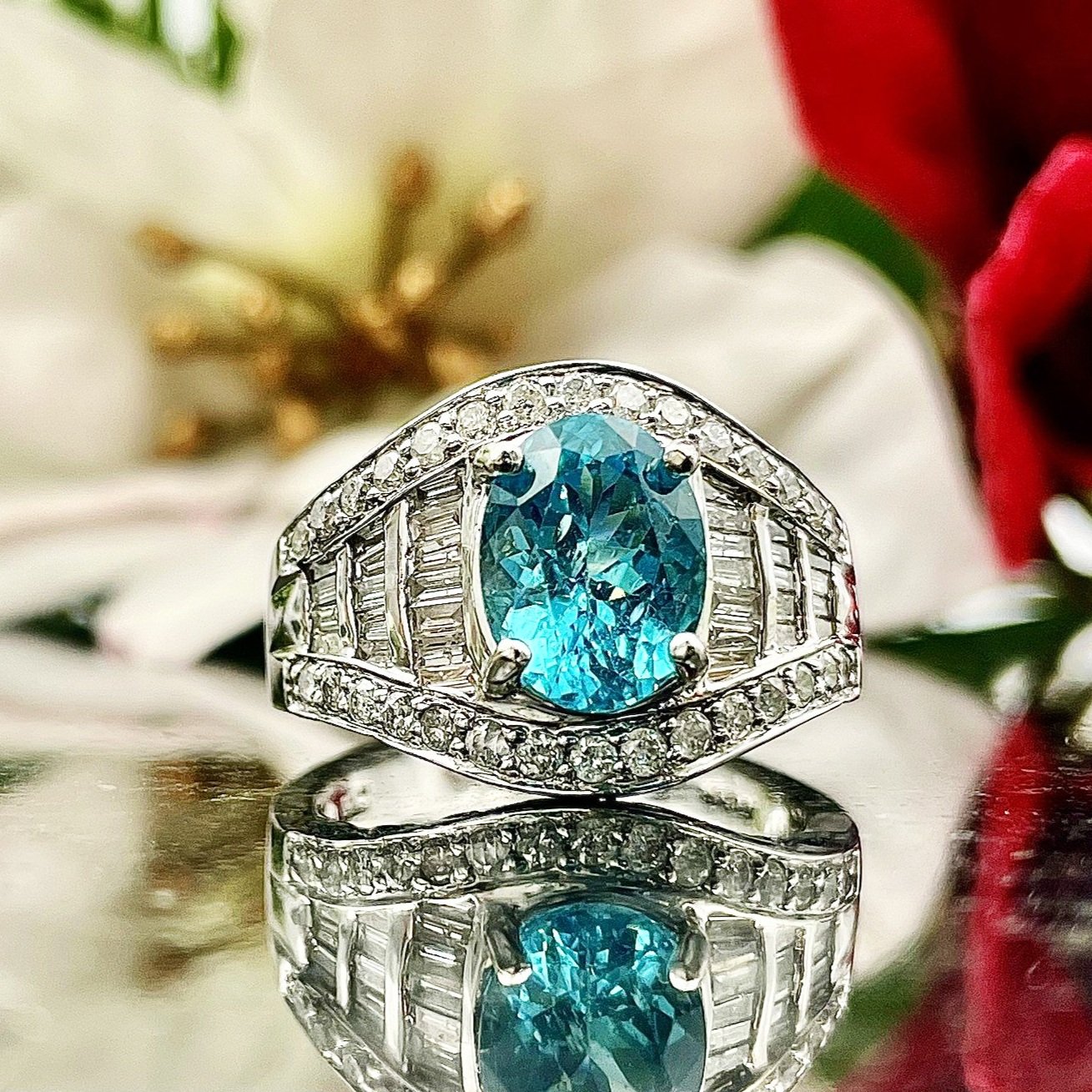 14k White Gold Statement Ring Apatite And Diamond Ring