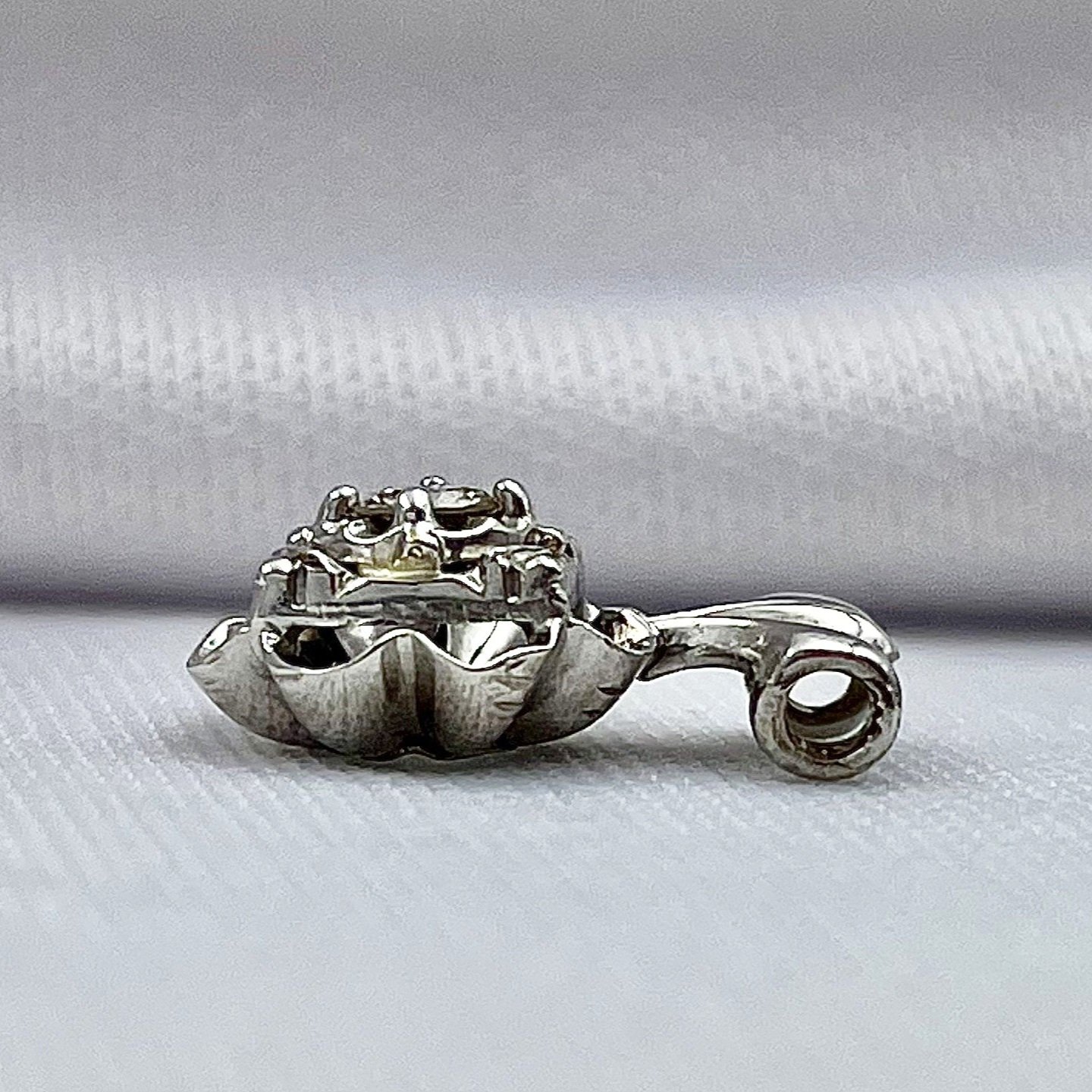 side view white background .07ct Vintage Diamond Floral Inspired Pendant 14k White Gold