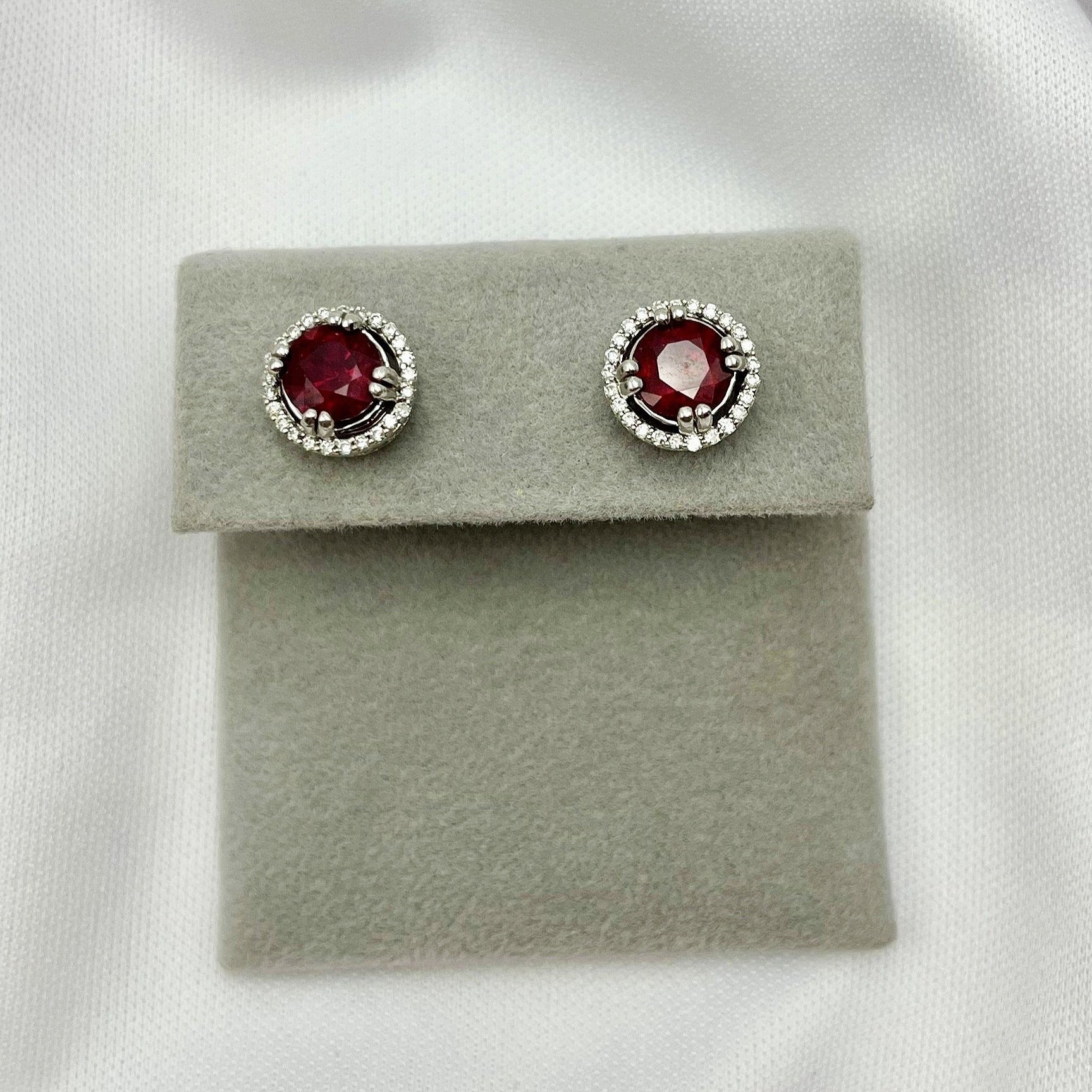 1.95ctw Rubies With 1/5ctw A+ Diamond Halos Stud Earrings 14k White Gold