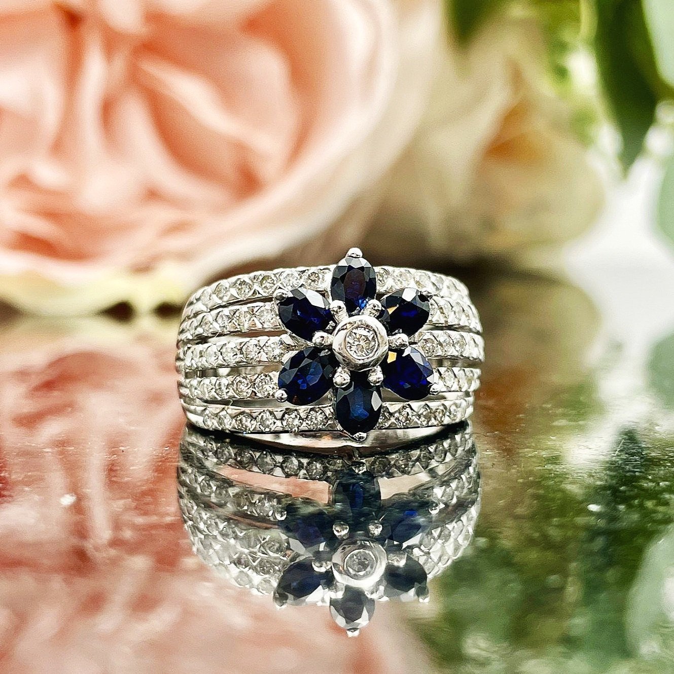 Floral Sapphire With 1.00ctw Diamonds 14k White Gold Ladies Ring