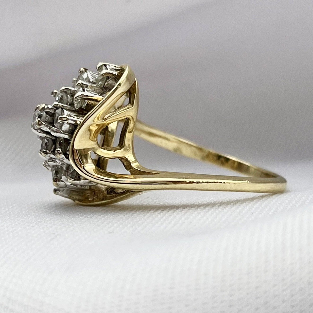side view white background 1/2ctw Swirl Cluster Ladies Diamond Ring 14k Yellow Gold