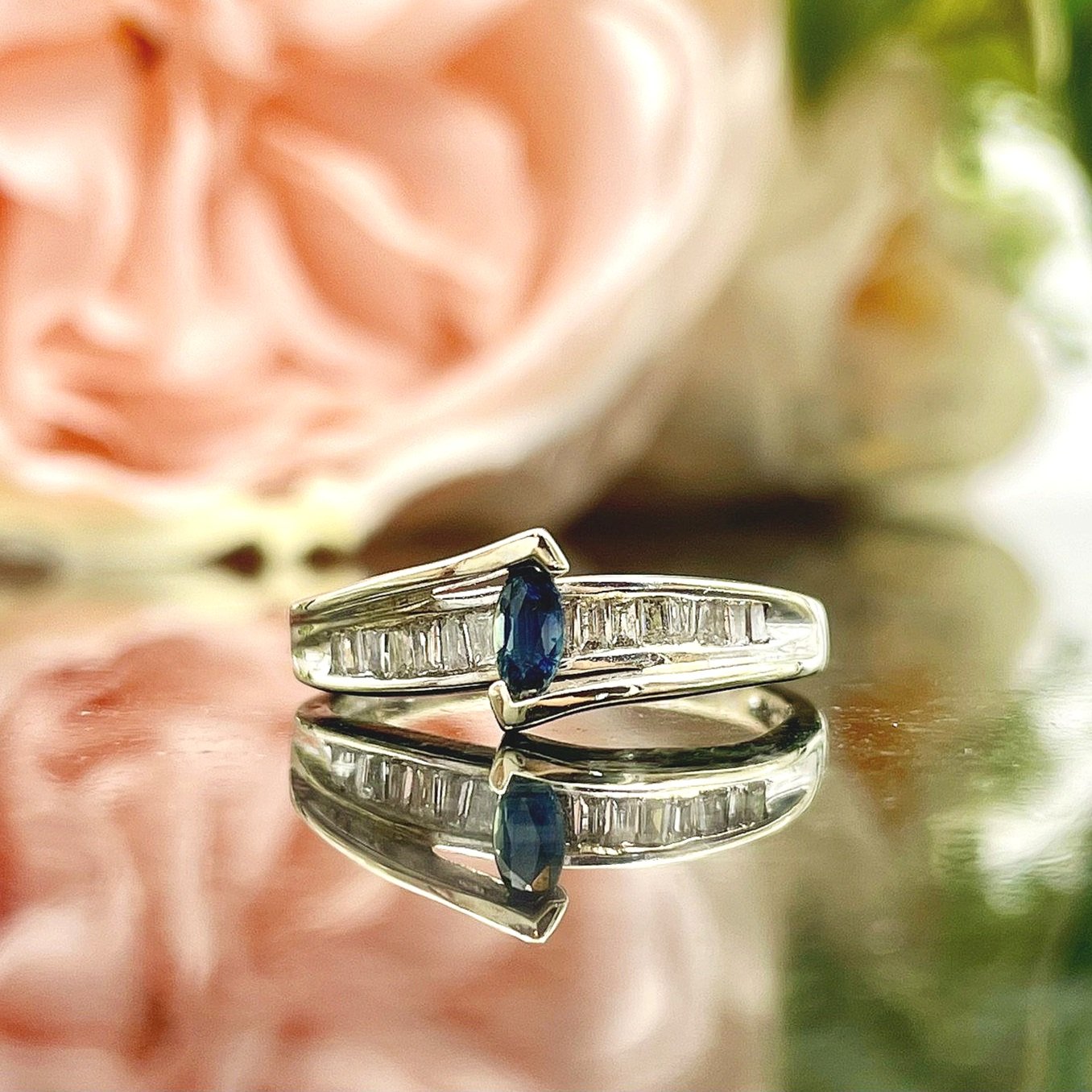 14k White Gold Marquise Cut Sapphire With Diamonds Ladies Ring