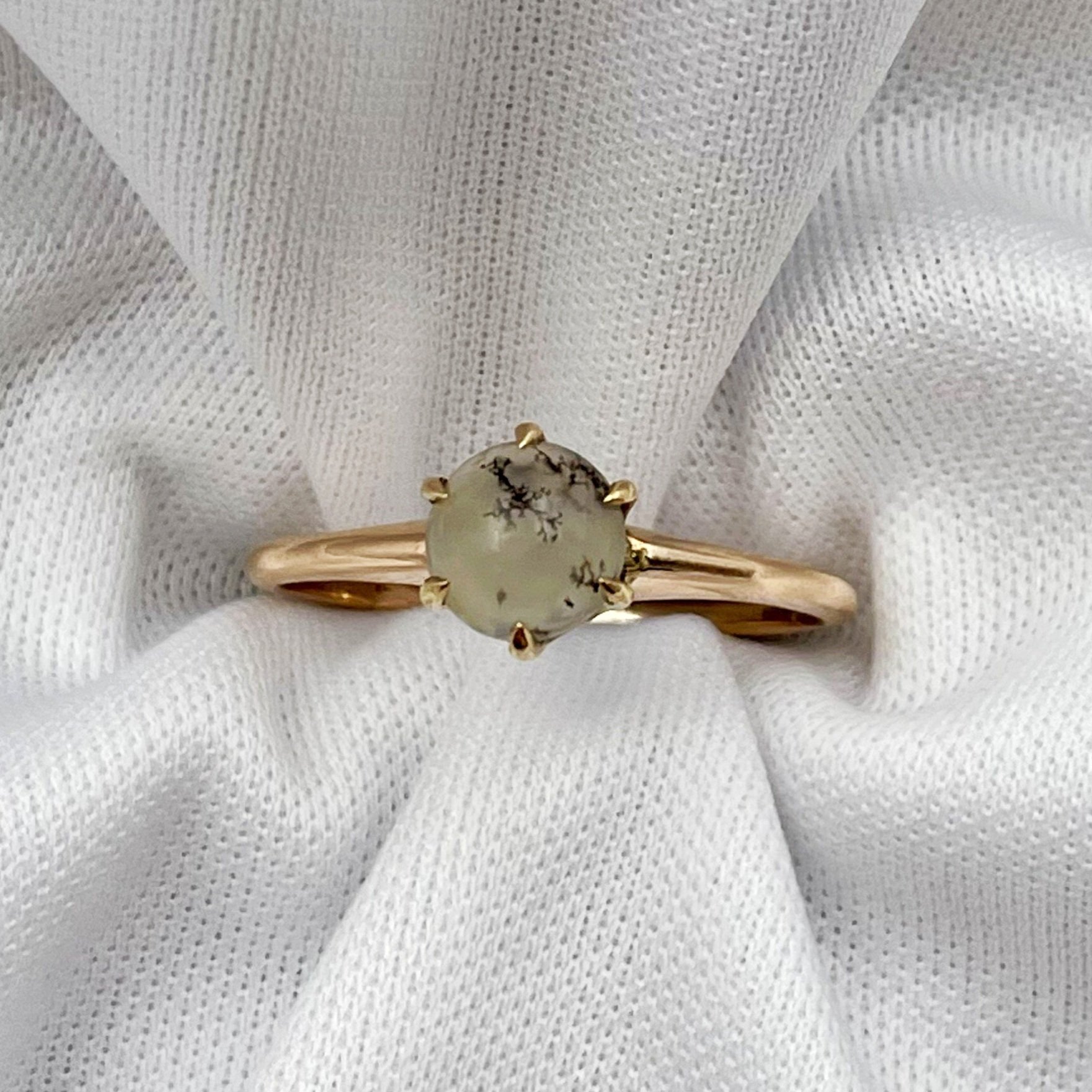 top down white background 10k Rose Gold Vintage Moss Agate Ladies Solitaire Ring