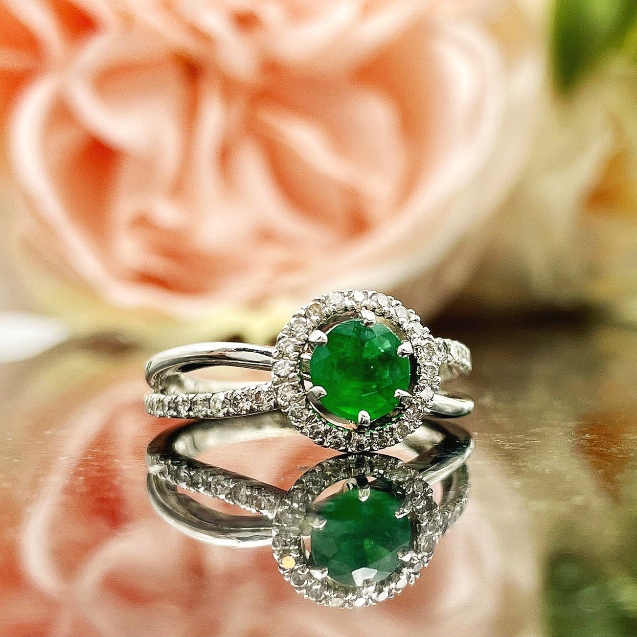 .67ct Emerald With 1/3ctw Diamonds Halo Split Shoulder 14k White Gold Ring