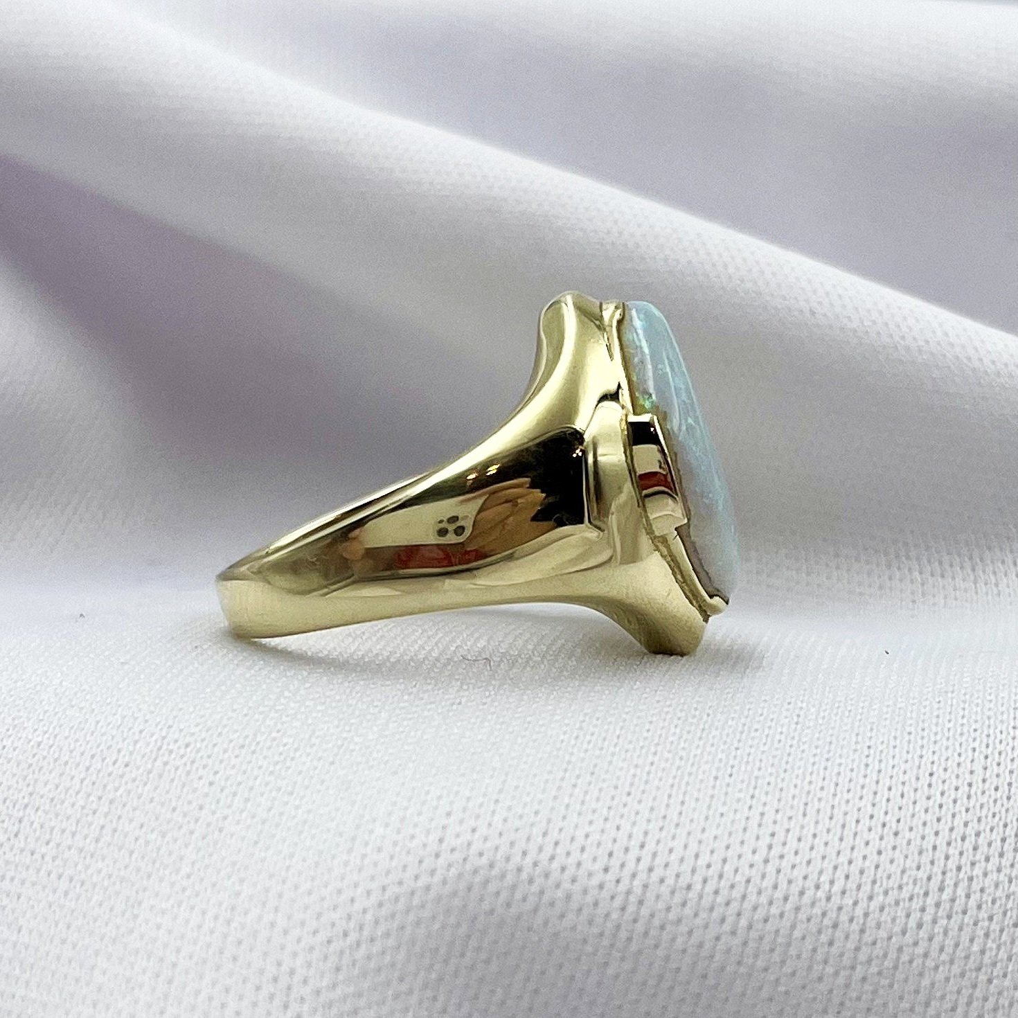 side view white background Unique Fantasy Cut Opal With Diamond Accents 14k Yellow Gold Ring