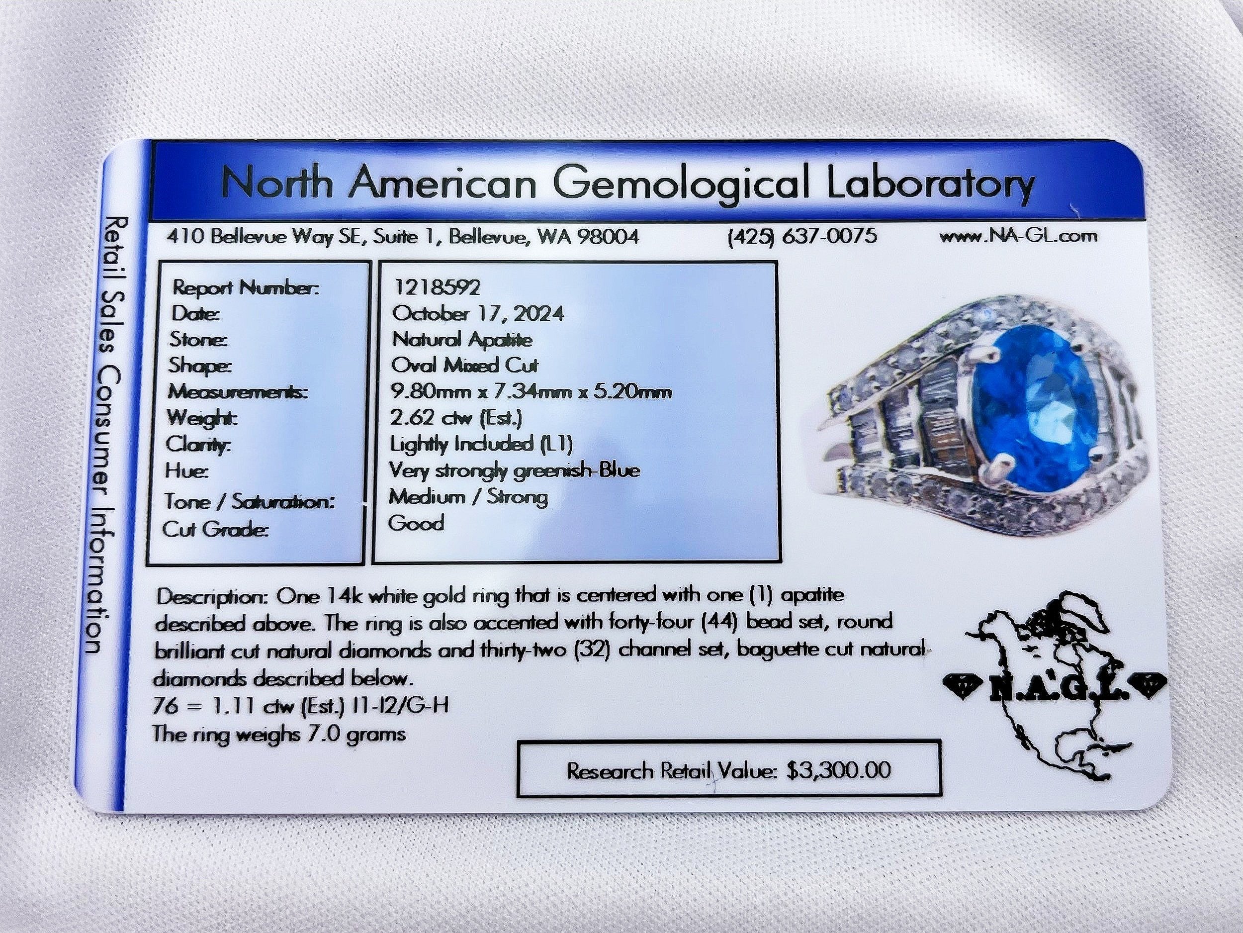 NAGL report detailing 14k White Gold Statement Ring Apatite And Diamond Ring