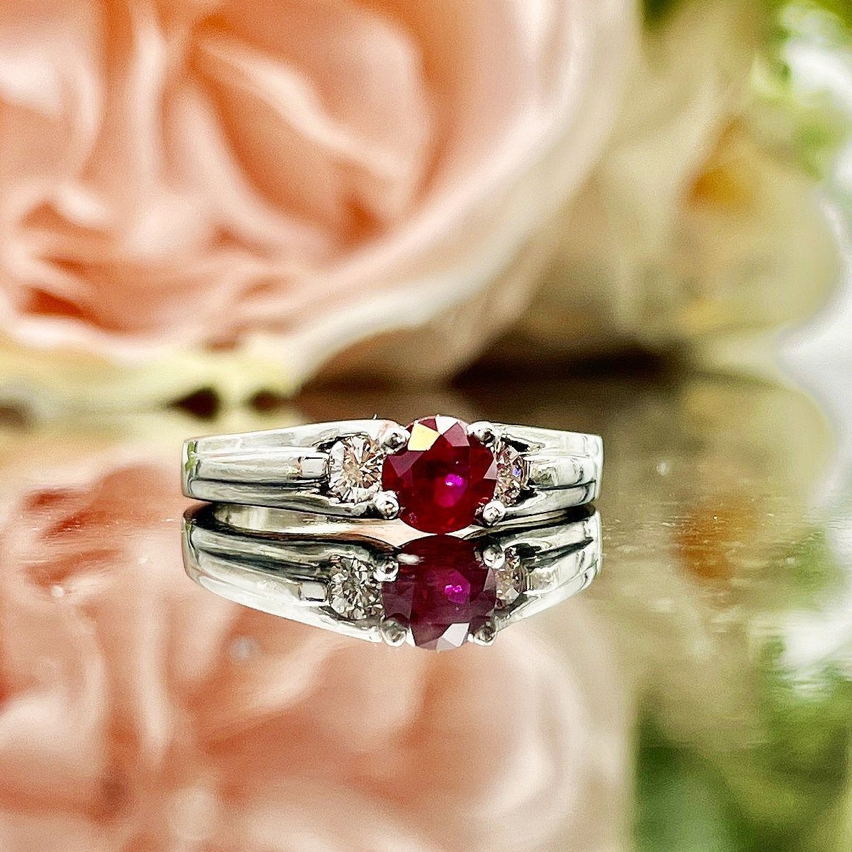 .63ct Ruby With 1/5ctw Diamonds Three Stone Ring 14k White Gold