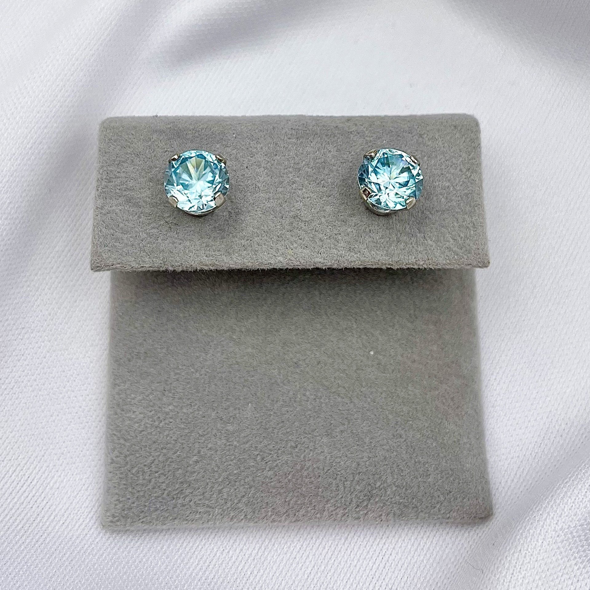 close up white background 3.12ctw Blue Zircons Solitaire Stud Earrings 14k White Gold
