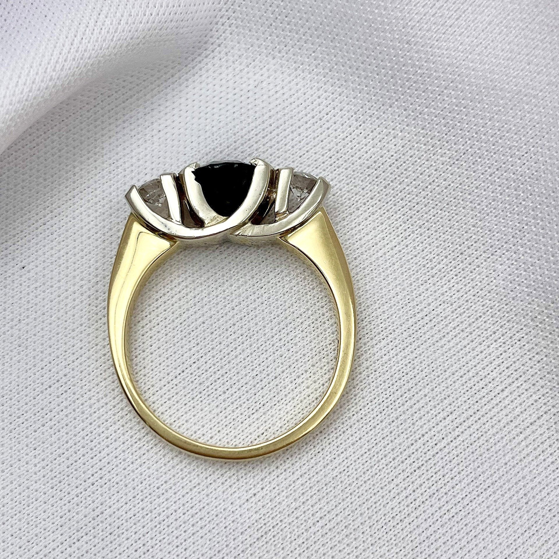top down gallery view 1.79ct Oval Sapphire With Diamonds Three Stone 14k Two Tone Yellow And White Gold Ring
