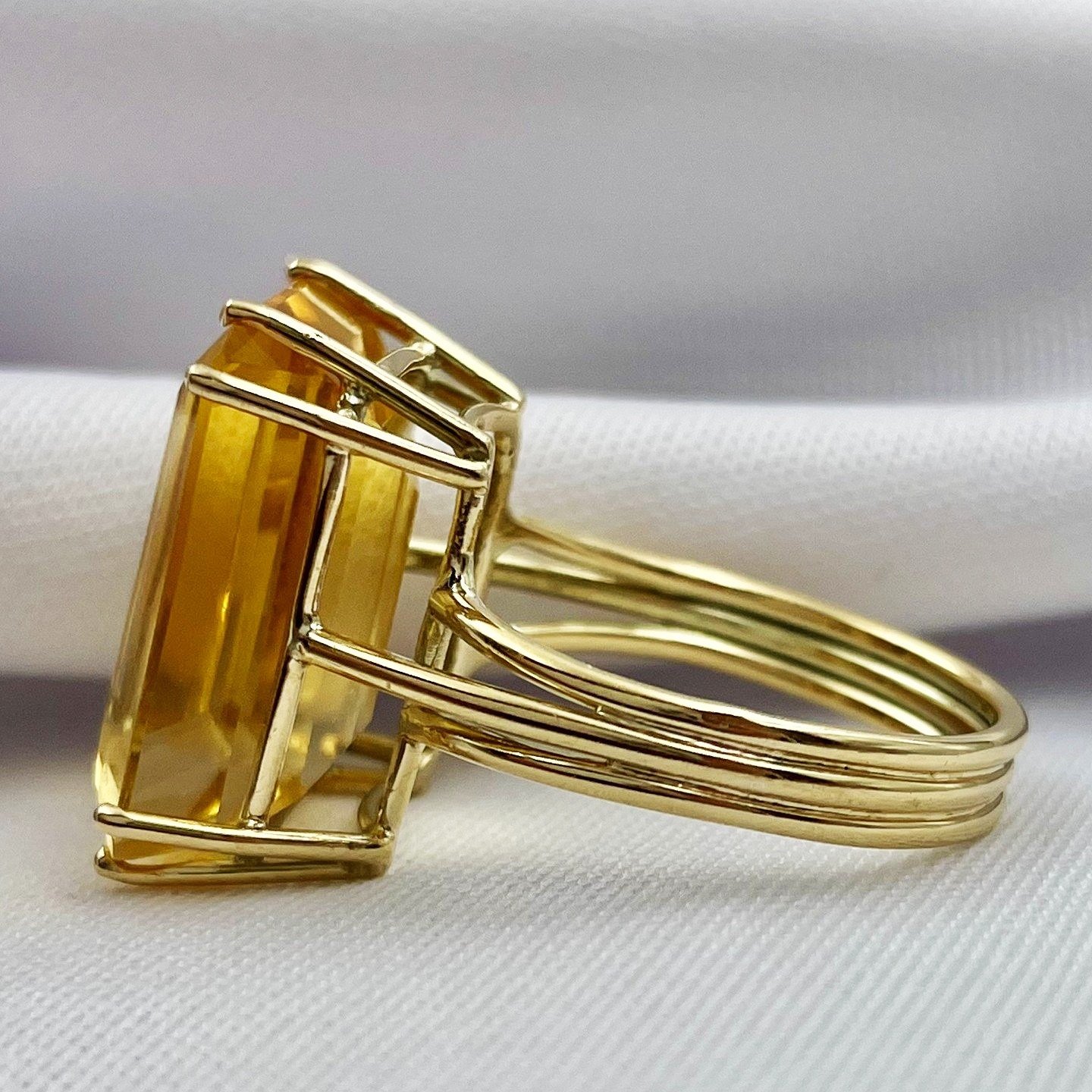 side view white background 14k Yellow Gold Emerald Cut Citrine Statement Ring
