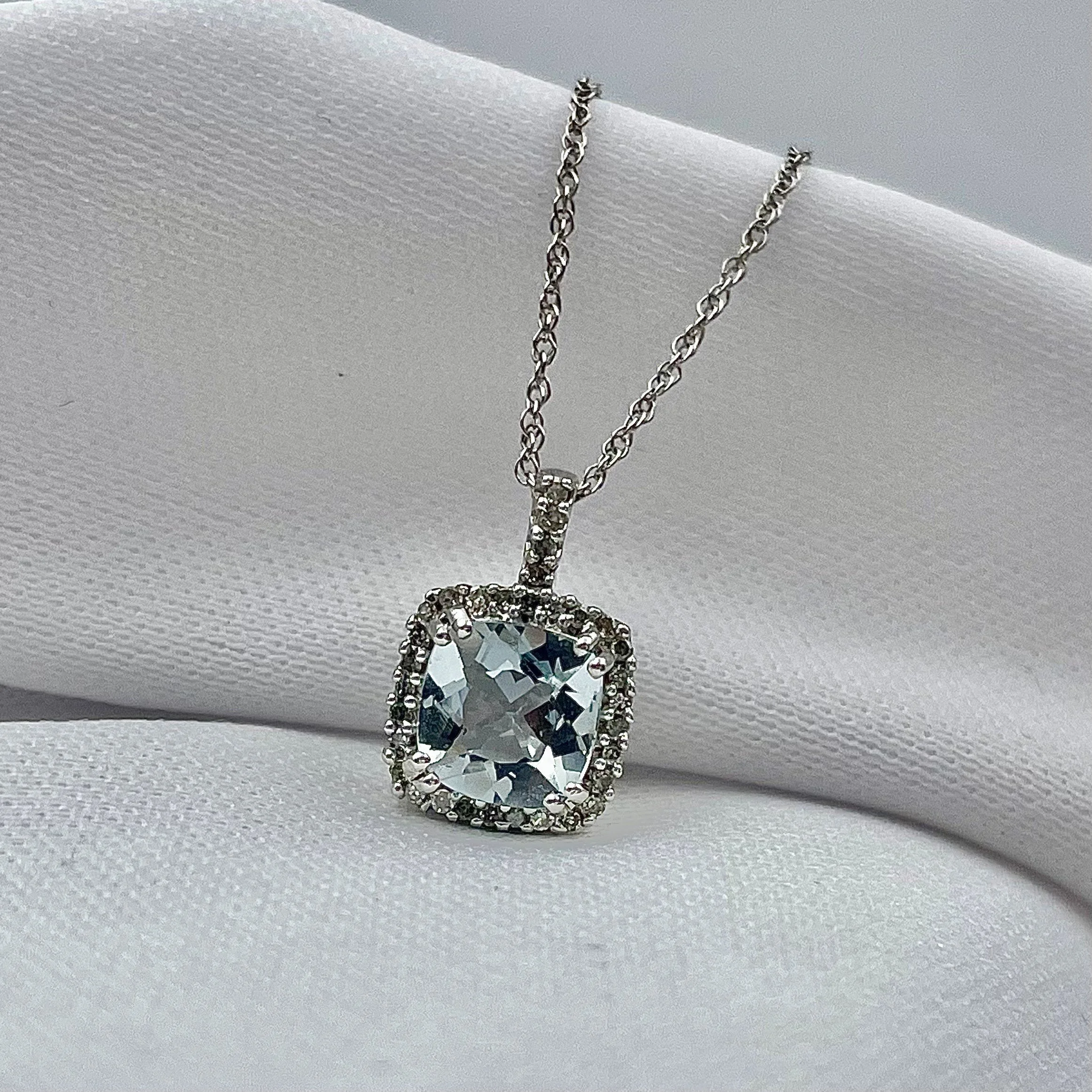 10k White Gold Cushion Cut Aquamarine With Diamond Halo Pendant - Warren Jewelers