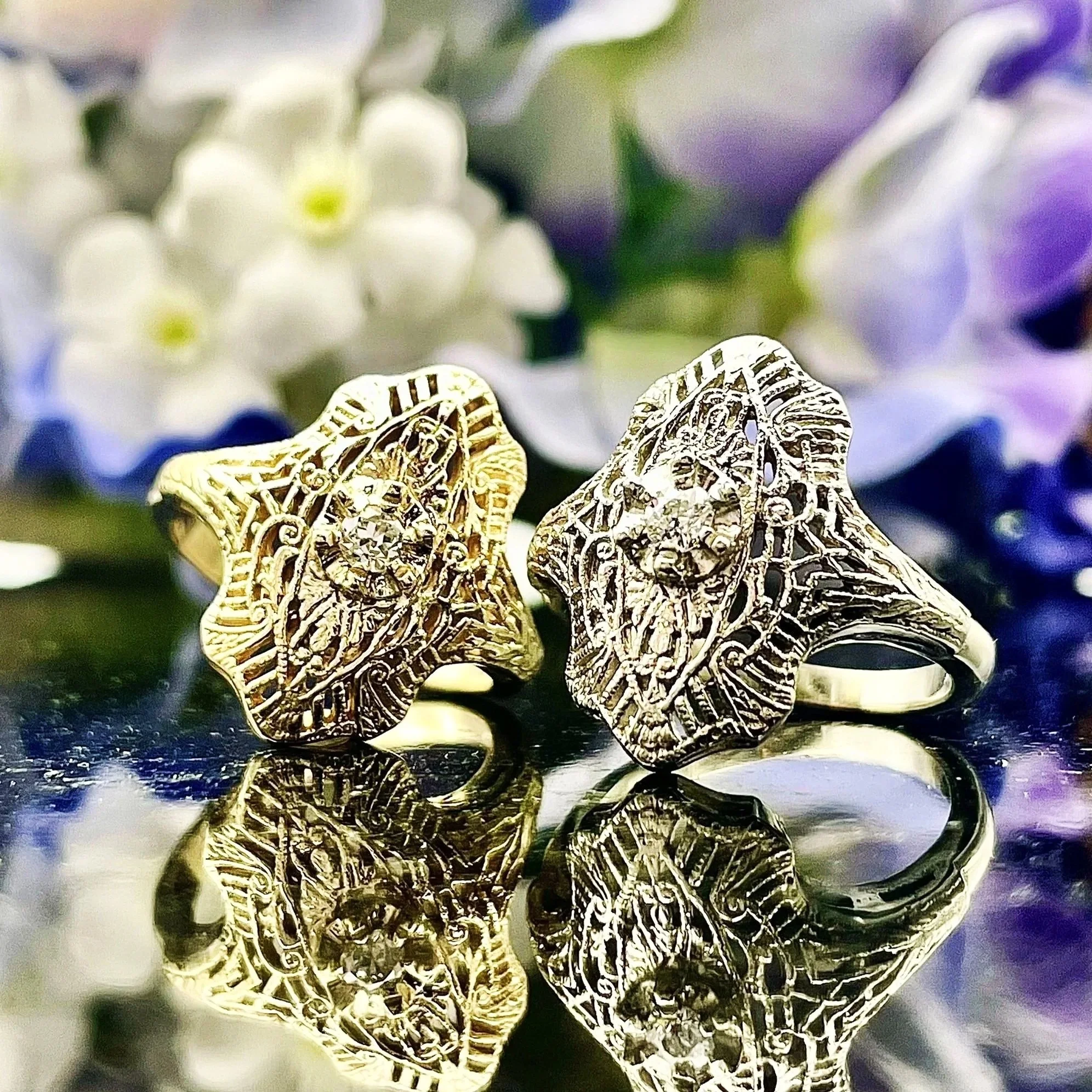 14k Yellow or White Gold Vintage Inspired Ladies Rings With AA Old European Cut Natural White Diamonds