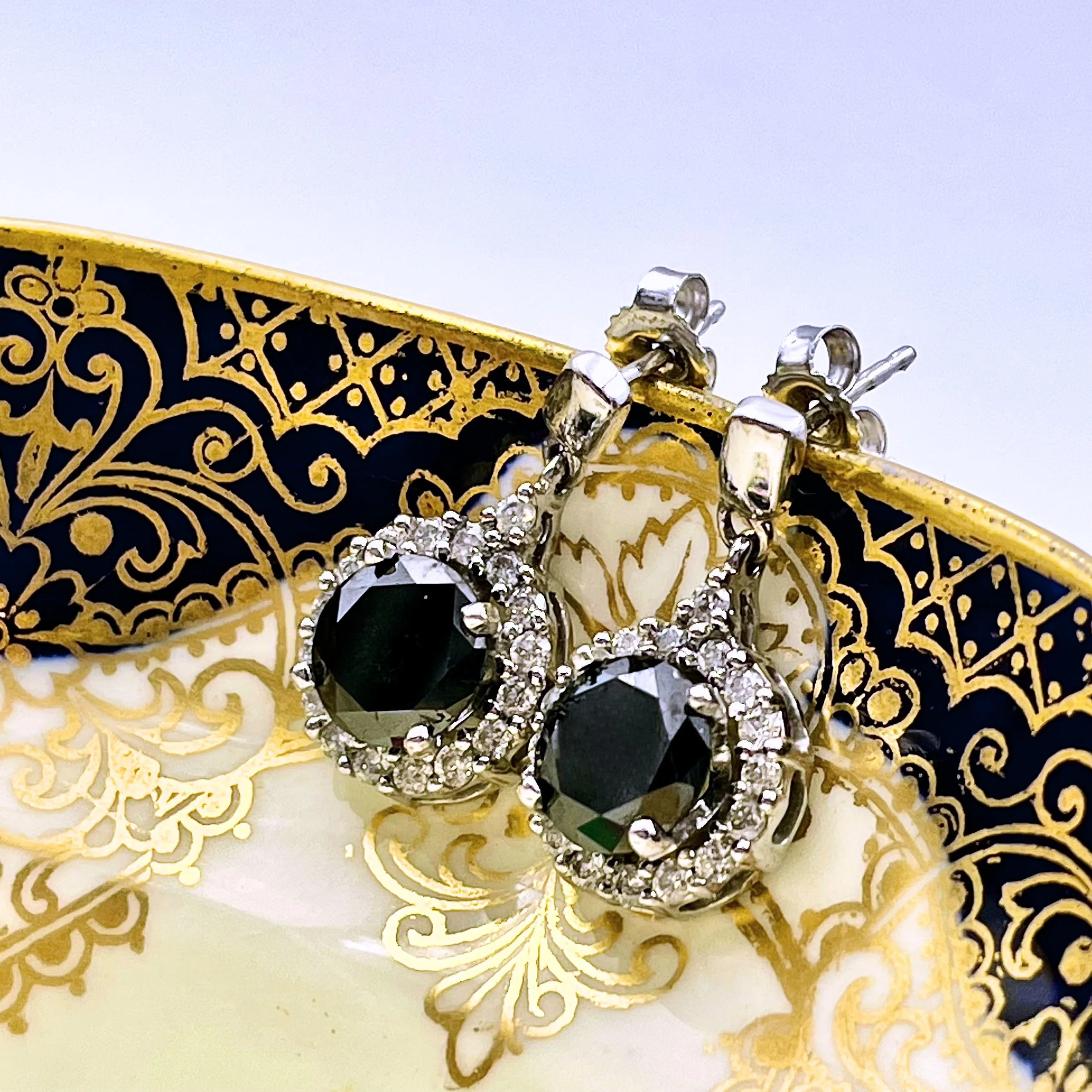 2.93ctw Black Diamond and White Diamond Halo 14K White Gold Pierced Earrings