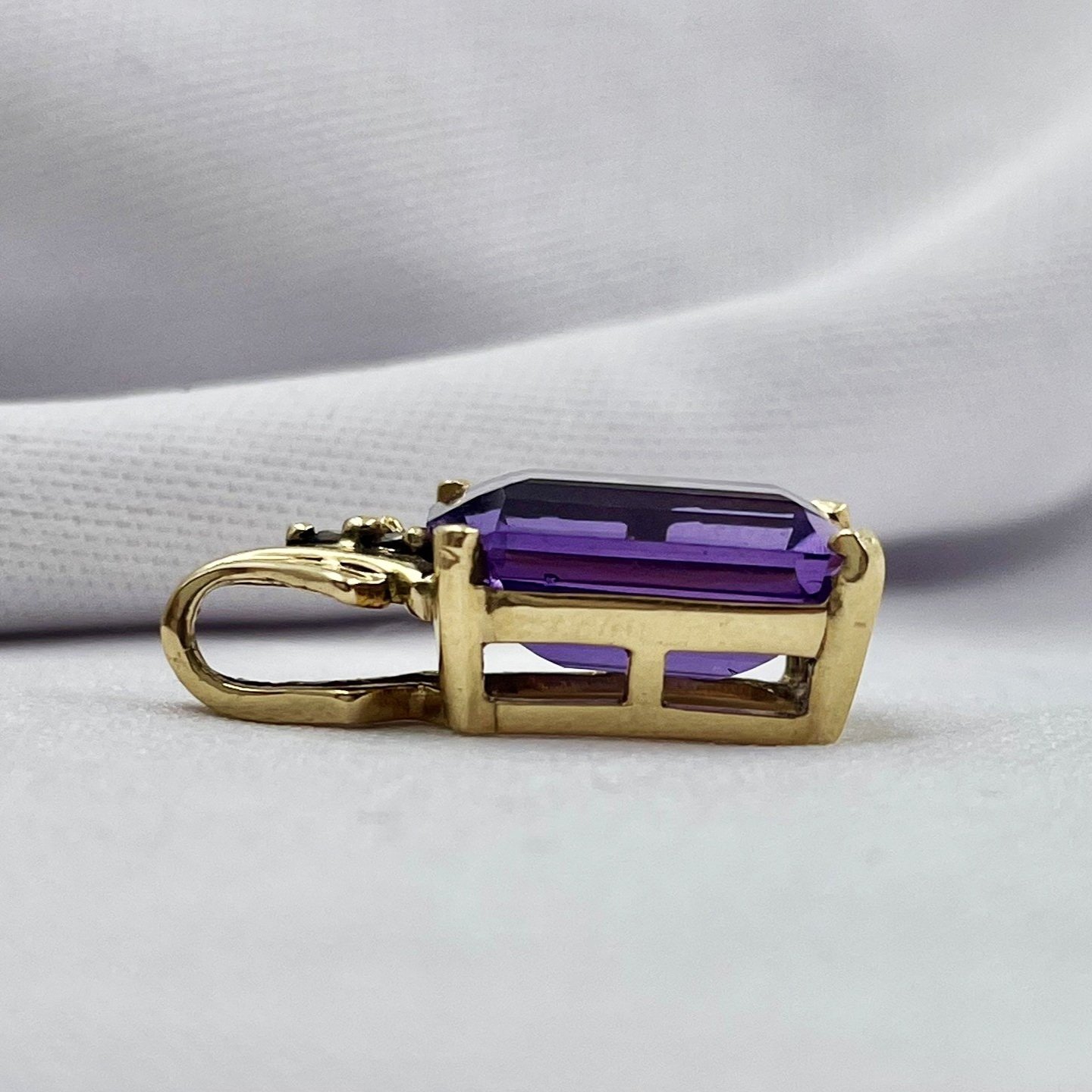 side view white background 14k Yellow Gold Pendant 14x10mm Emerald Cut Amethyst With Diamond Accents