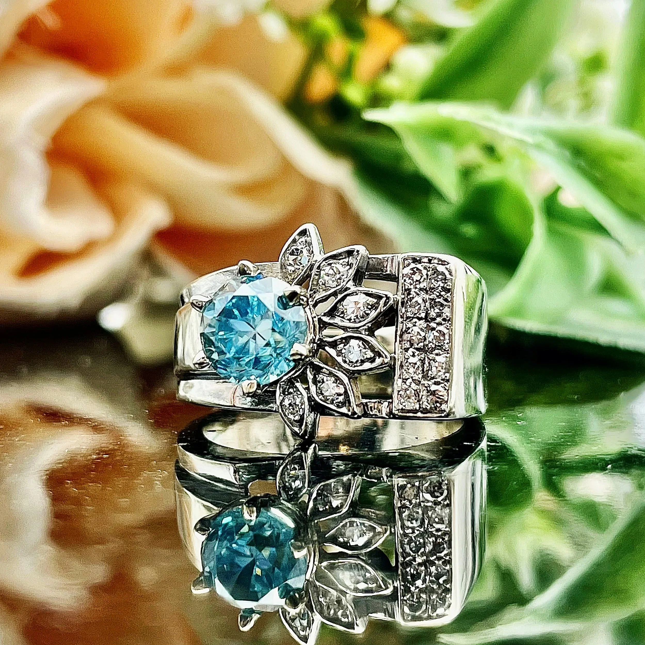 1.66ct Blue Zircon With Diamond Accents Vintage Ladies Ring 14k White Gold