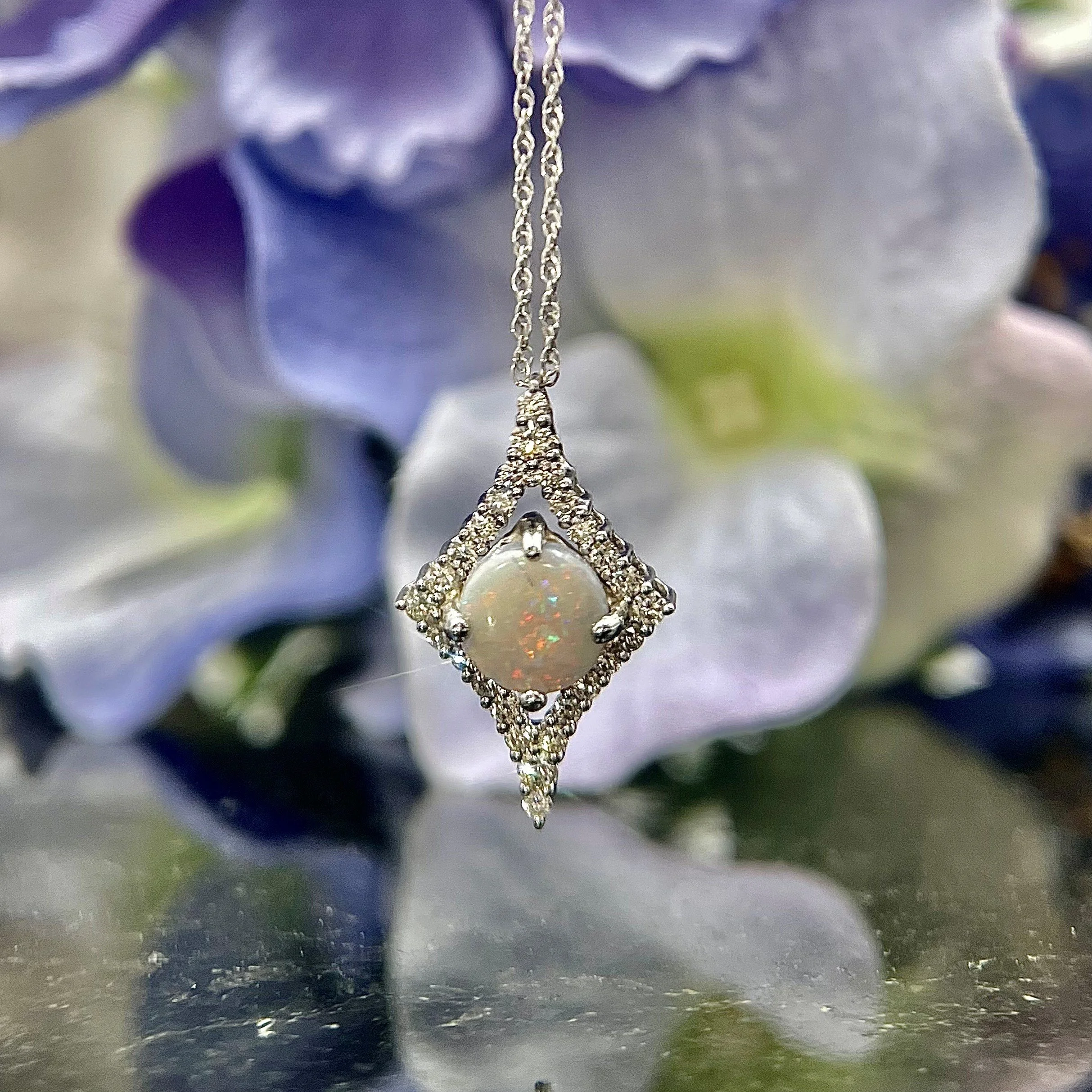 6.0mm Round Opal With 1/4ctw A+ Diamond Accents 14k White Gold Ladies Pendant Necklace