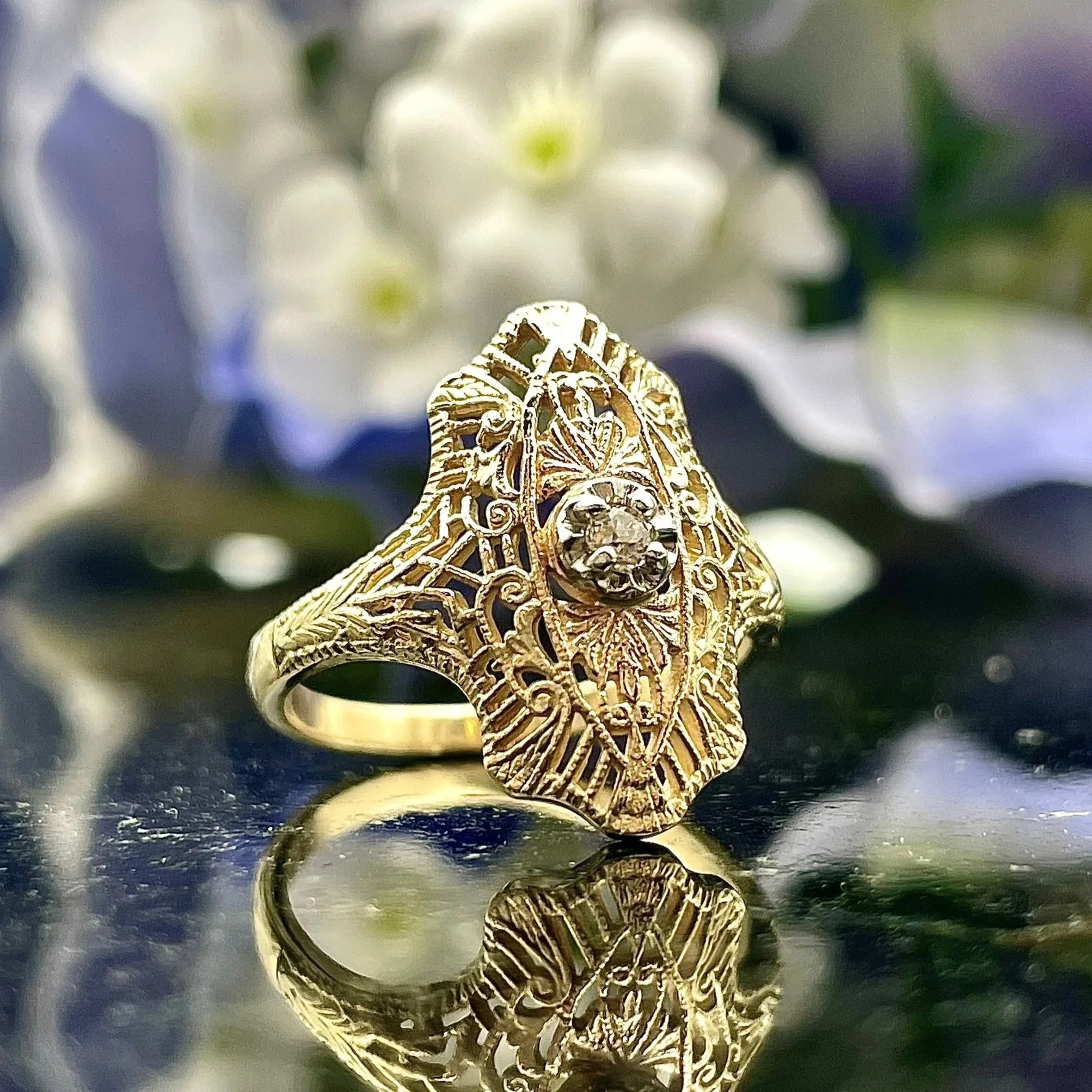 Vintage 14k Yellow Gold Old Mine Cut Diamond Ladies Ring