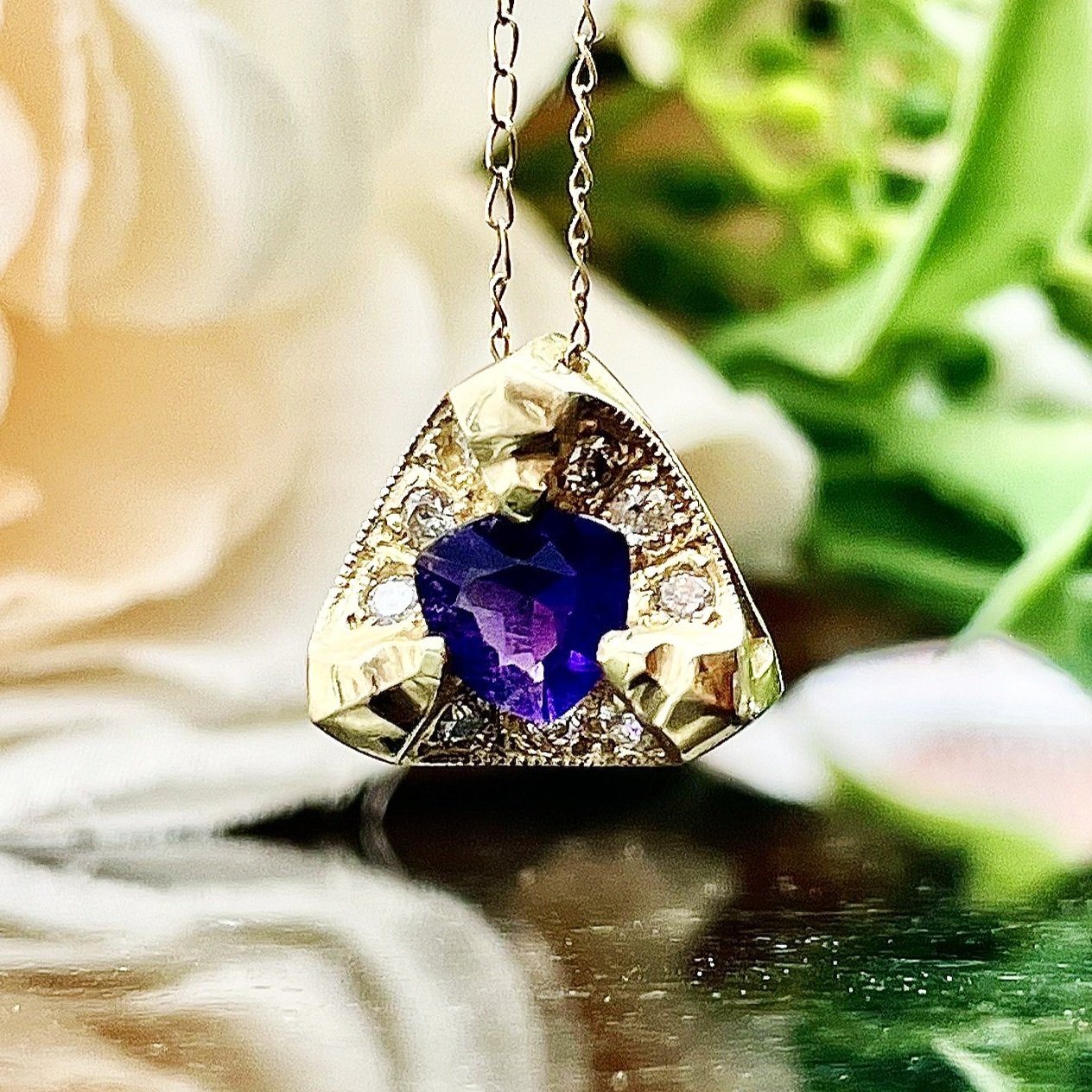 14k Yellow Gold Modified Trillion Cut Amethyst With Diamond Accents Pendant