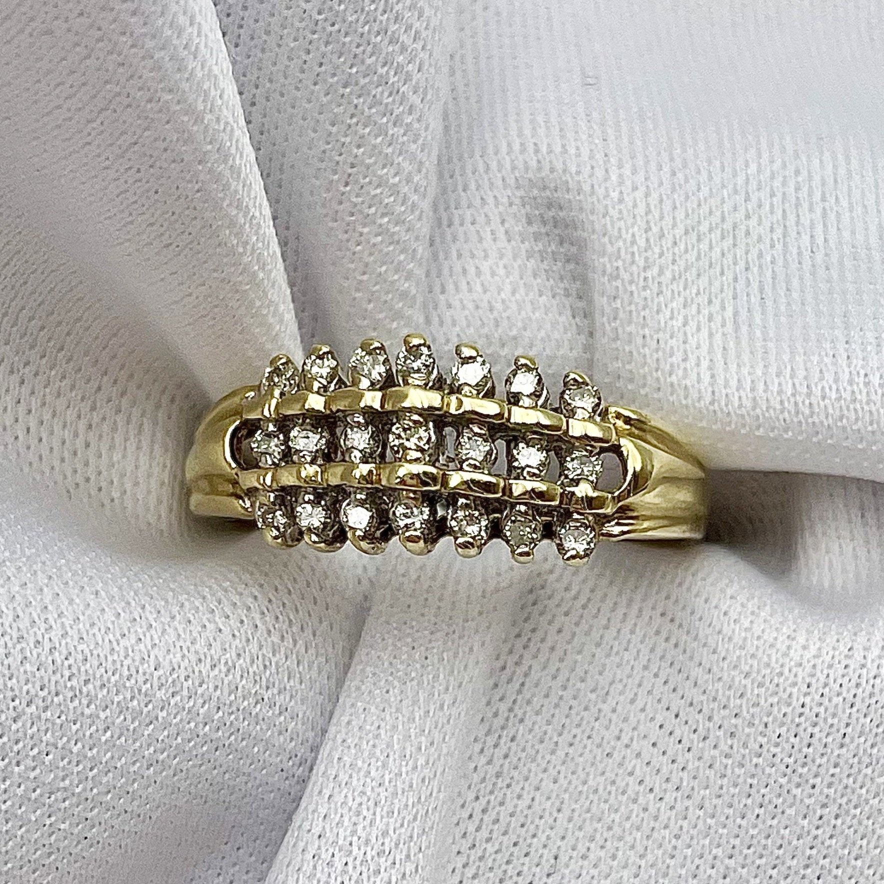 top down white background 1/5ctw A+ Quality Diamonds Three Row Band 10k Yellow Gold