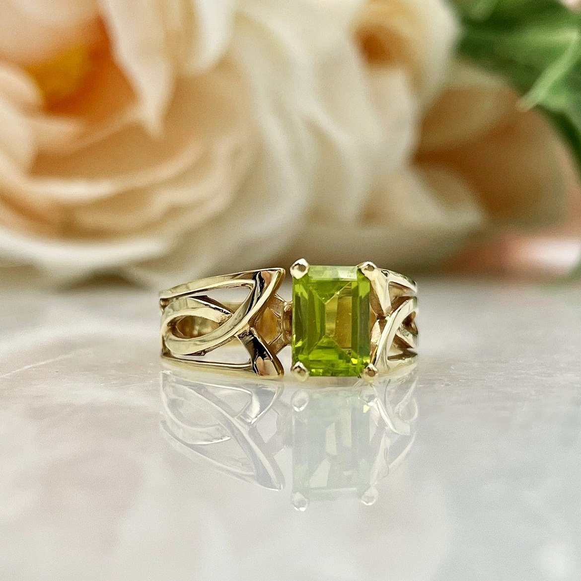 Peridot Emerald Cut Celtic Knot Inspired 14k Yellow Gold Ring