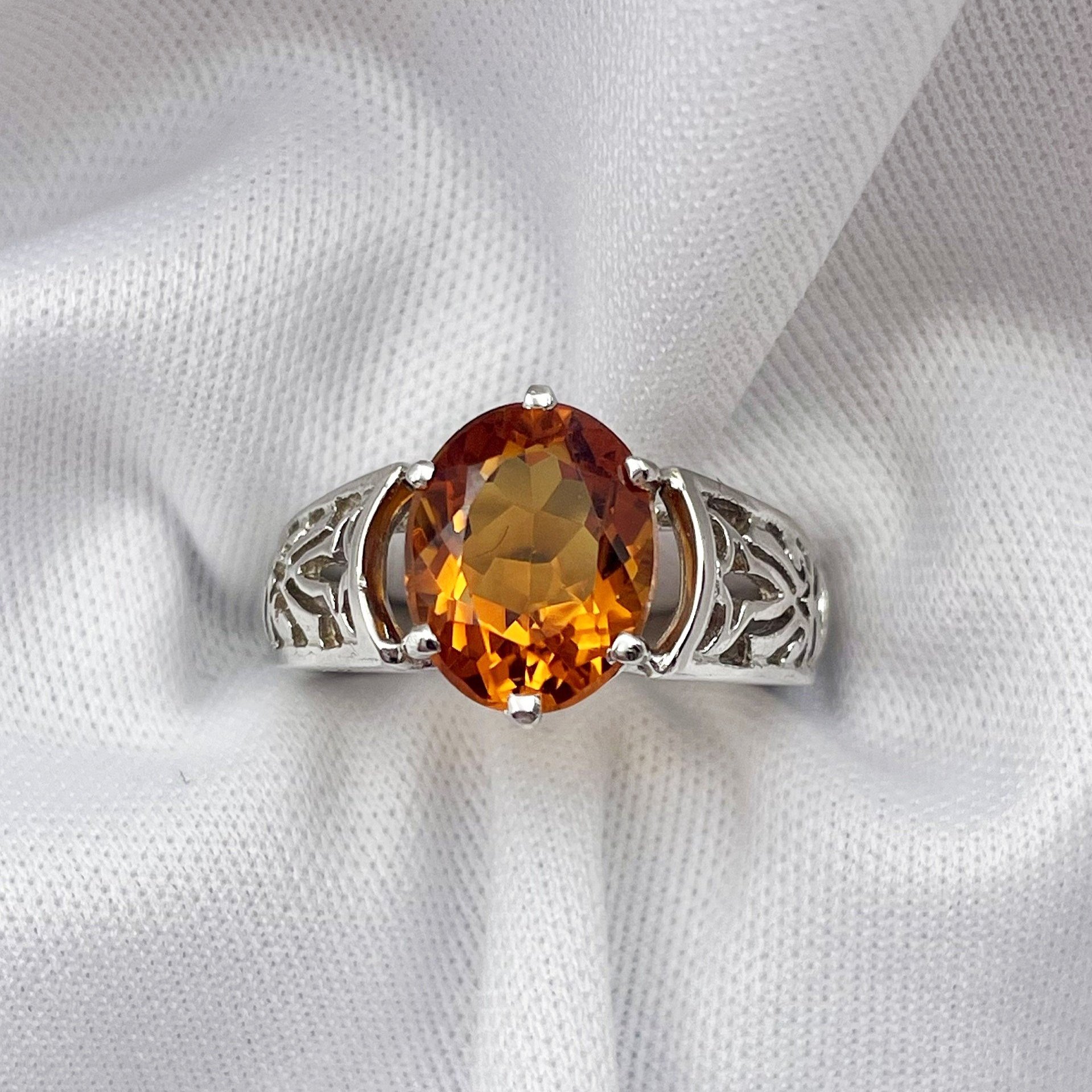 top down white background 2.51ct Oval 10x8mm Citrine 14k White Gold Cut Out Shoulders