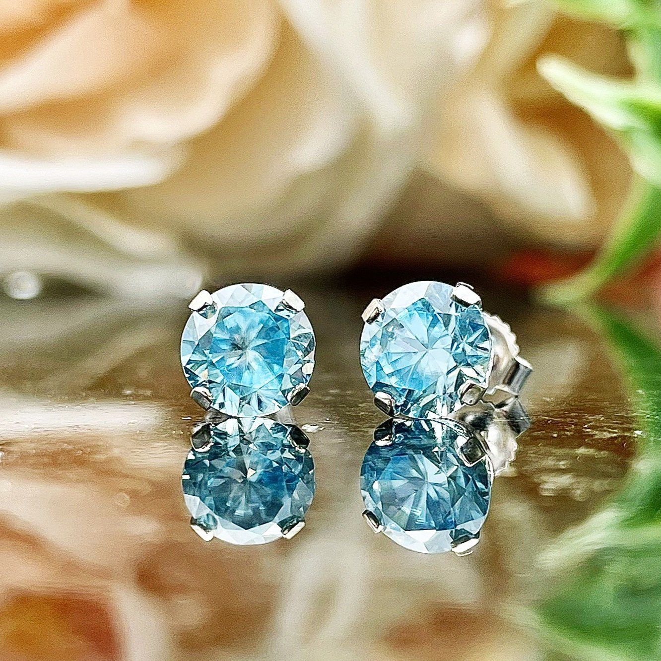3.12ctw Blue Zircons Solitaire Stud Earrings 14k White Gold