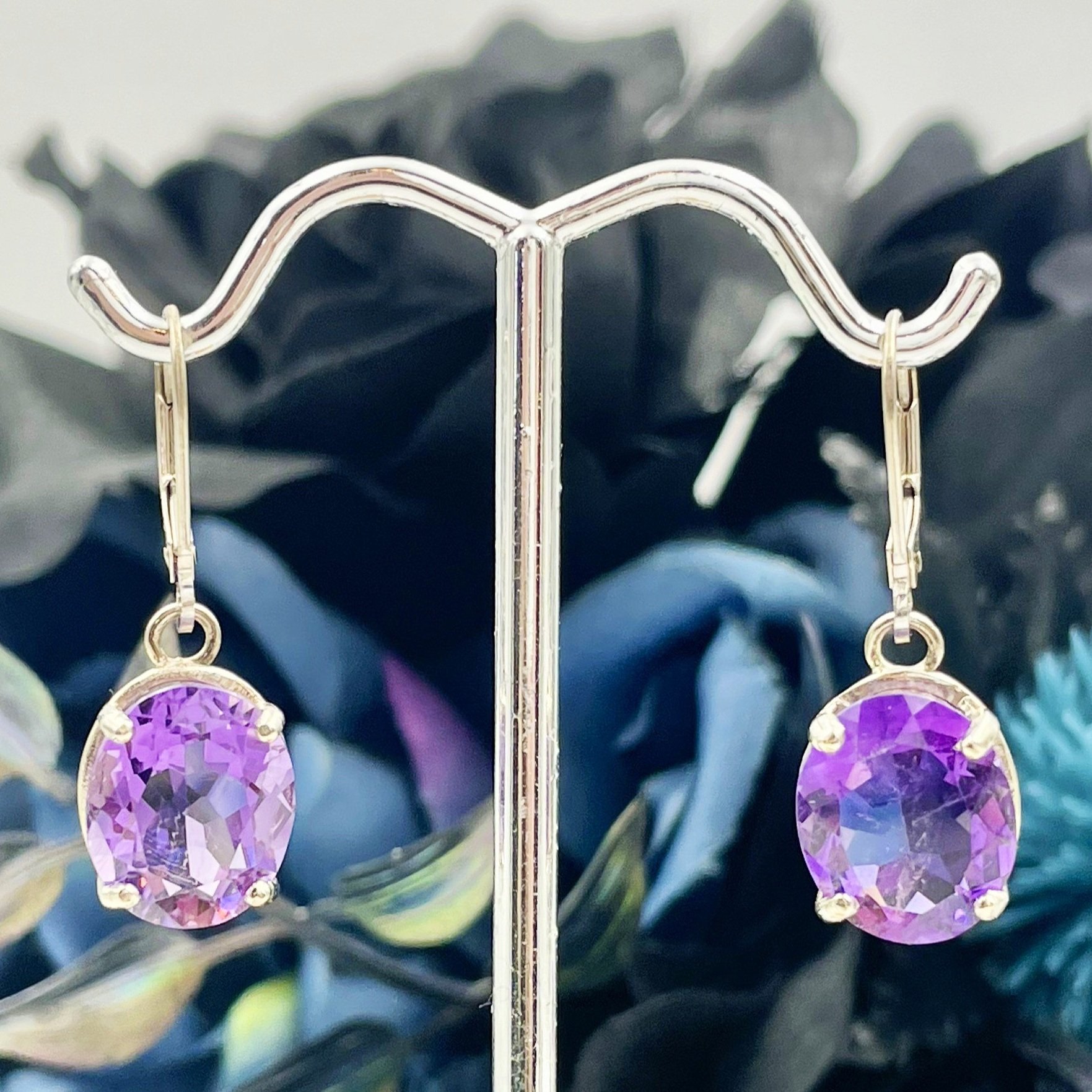 12x10mm Oval Cut Amethyst Drop Earrings 14k White Gold