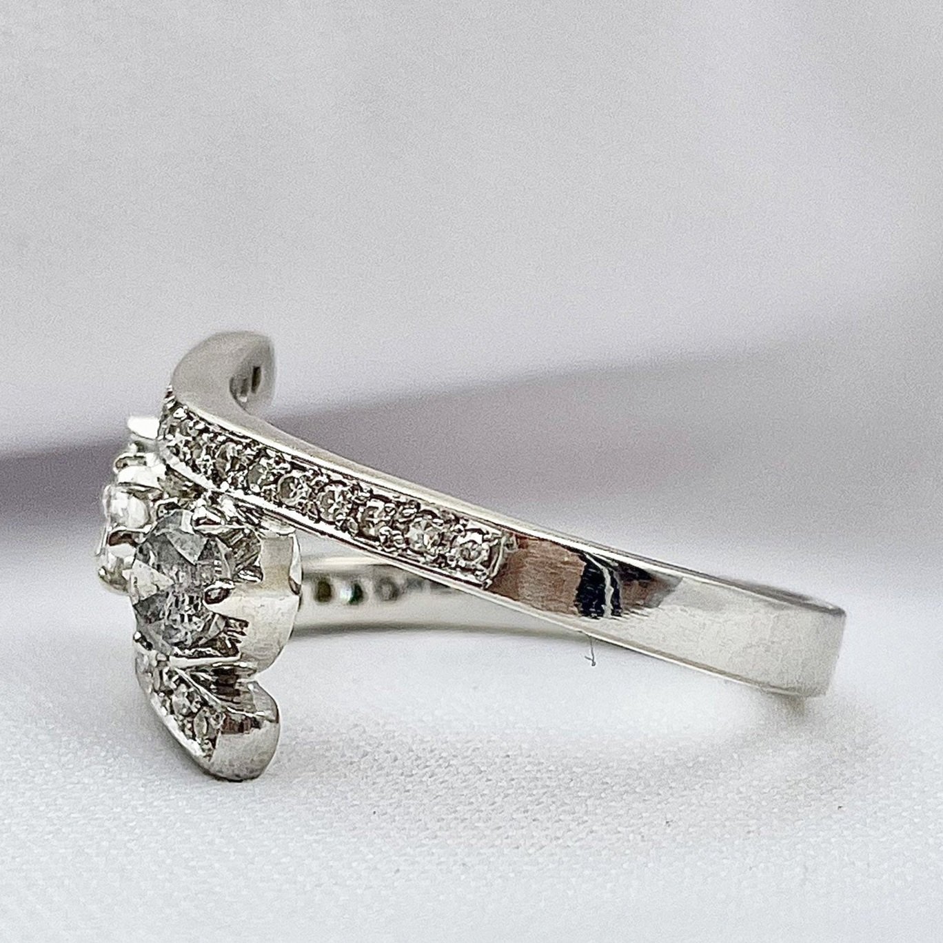 side view white background 3/4ctw A Diamond 3 Stone Bypass Anniversary Engagement Statement Ring 14k White Gold