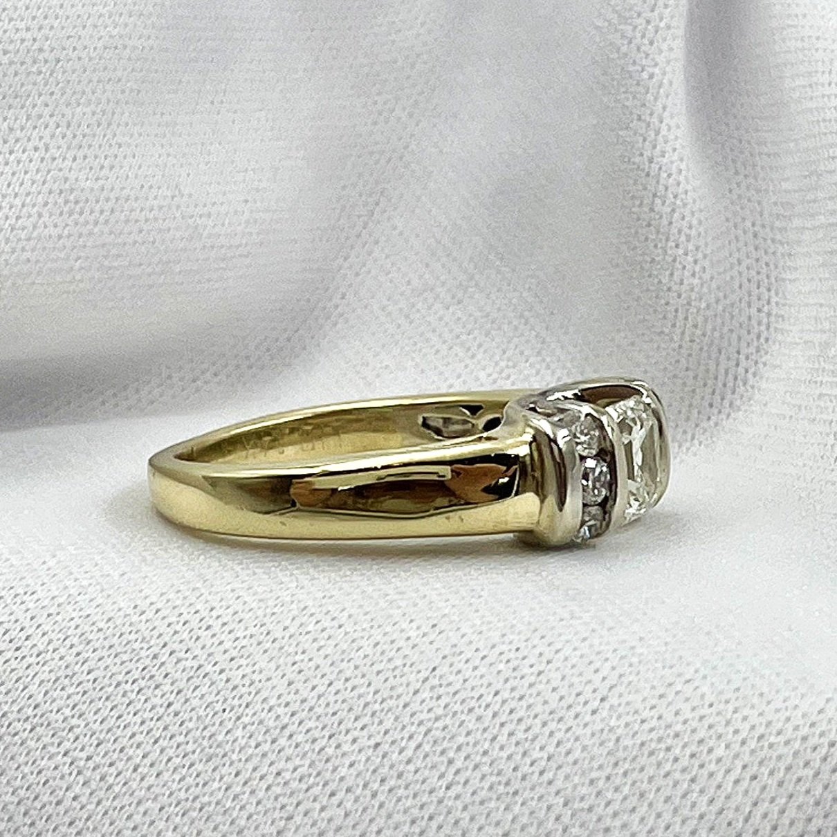 side view white background .91ct SI-2 Asscher Cut Diamond Engagement Ring 14k Two Tone Yellow And White Gold