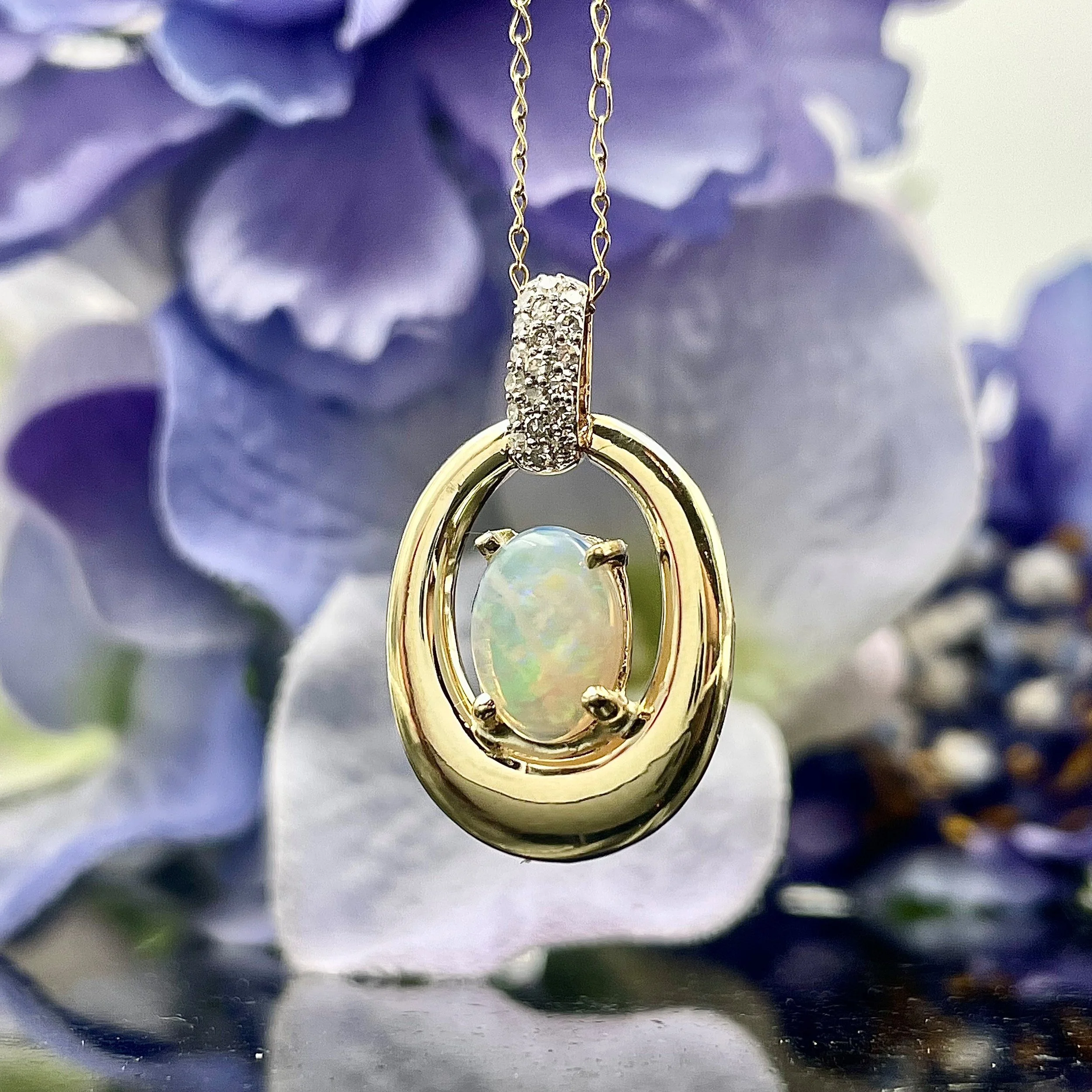 Lab Grown Diamond Accents Natural Oval Opal Pendant 10k Yellow Gold