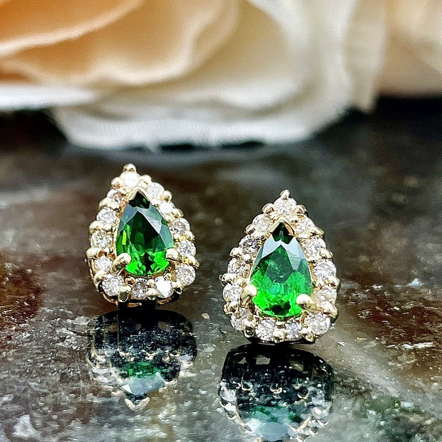 .59ctw Pear Cut Green Chrome Tourmaline With Diamond Halo Stud Earrings 14k Yellow Gold
