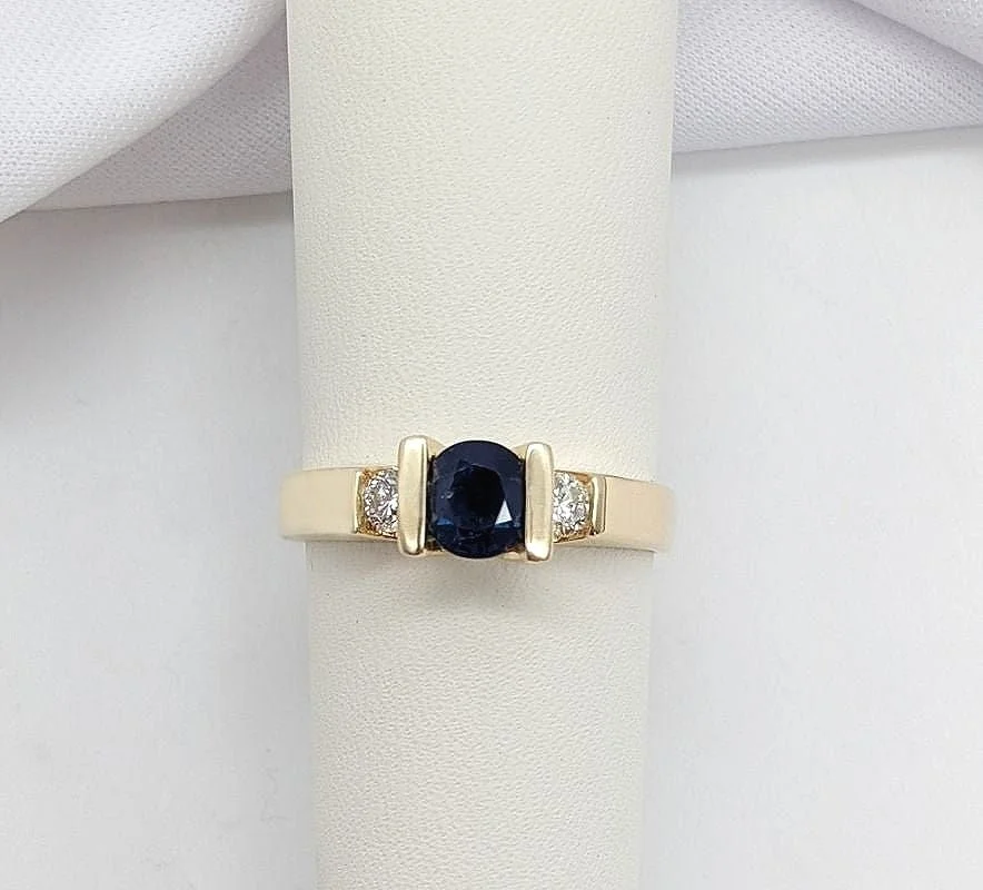 top down front view white background 3-Stone Blue Sapphire and Diamond Ring 14K Yellow Gold Ring