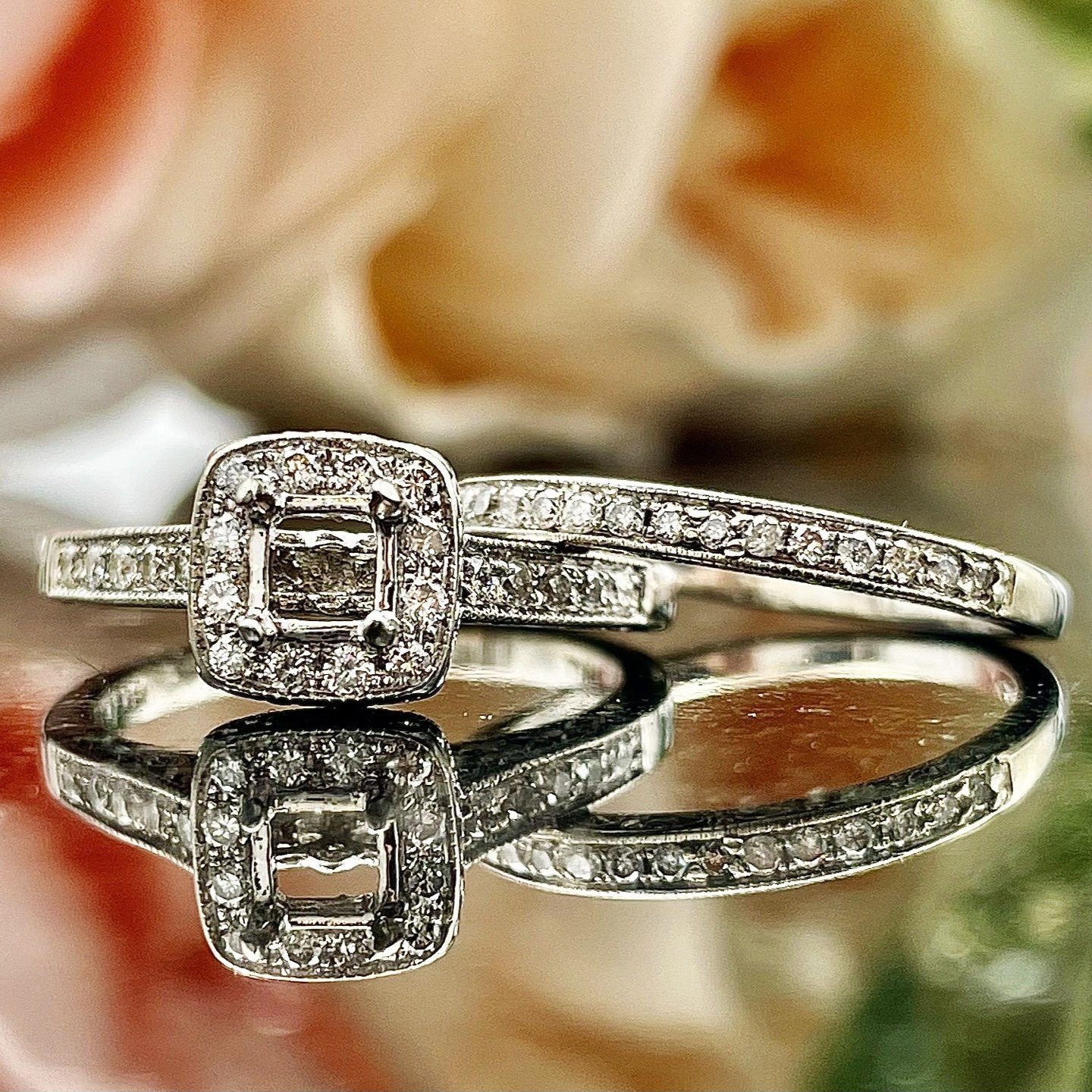 1/4ctw A+ Quality Cushion Halo Diamond Wedding Set Semi Mounting 14k White Gold