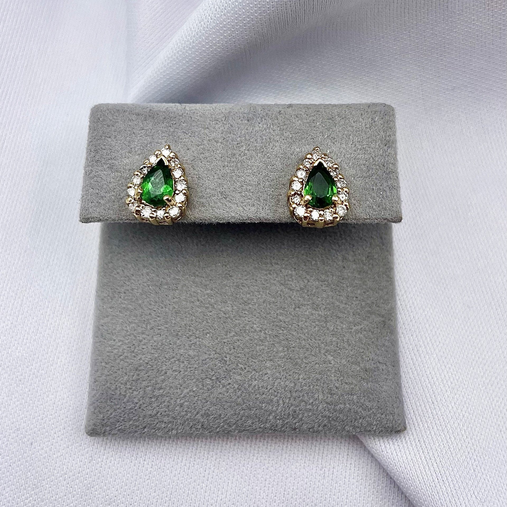 .59ctw Pear Cut Green Chrome Tourmaline With Diamond Halo Stud Earrings 14k Yellow Gold