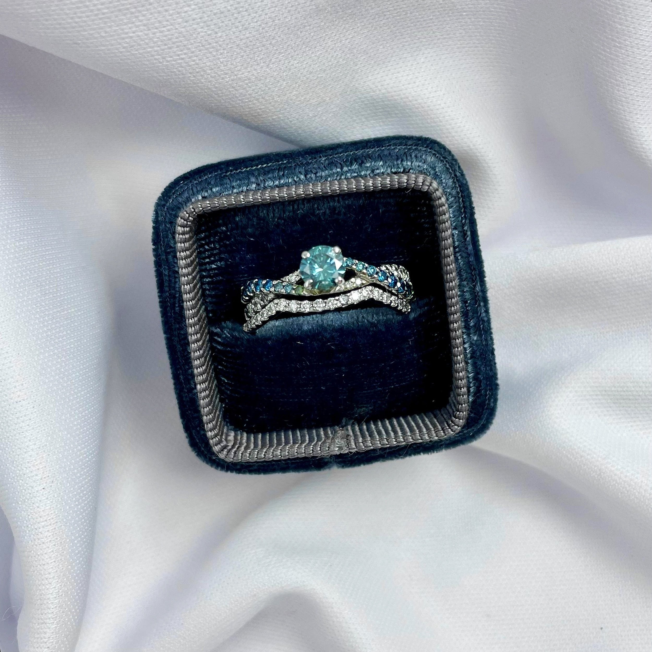 14K White Gold Diamond Wedding Set - 0.36ct Enhanced Blue Diamond in a box