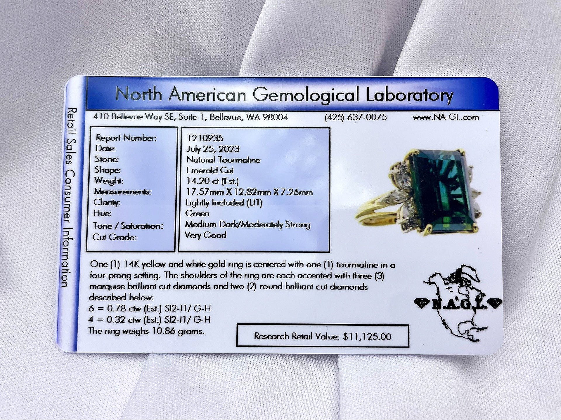 NAGL report detailing 14k Yellow Gold Tourmaline With 1.10ctw Diamond Accents Statement Ring