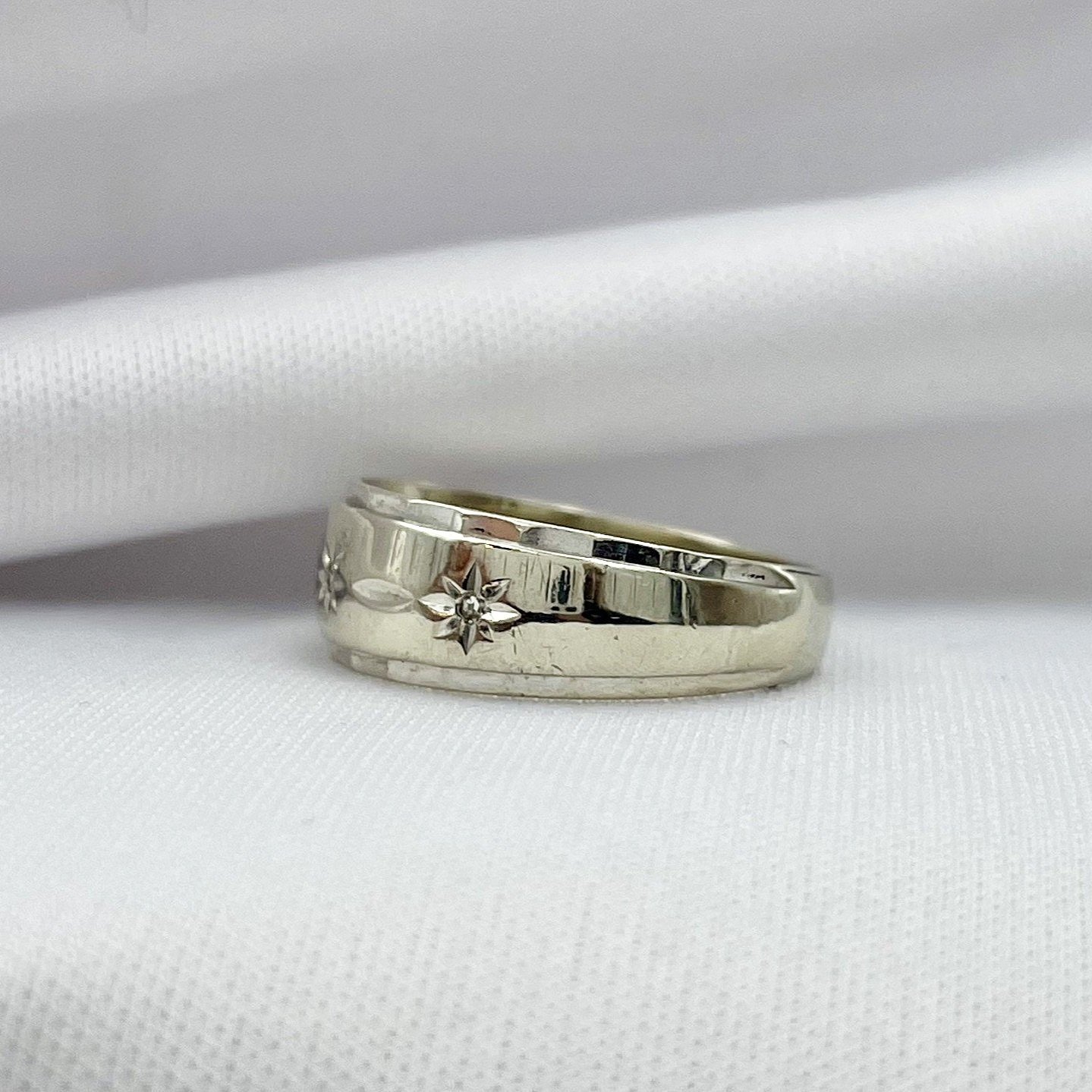 side view white background Vintage Star Diamond Accent Band 14k White Gold