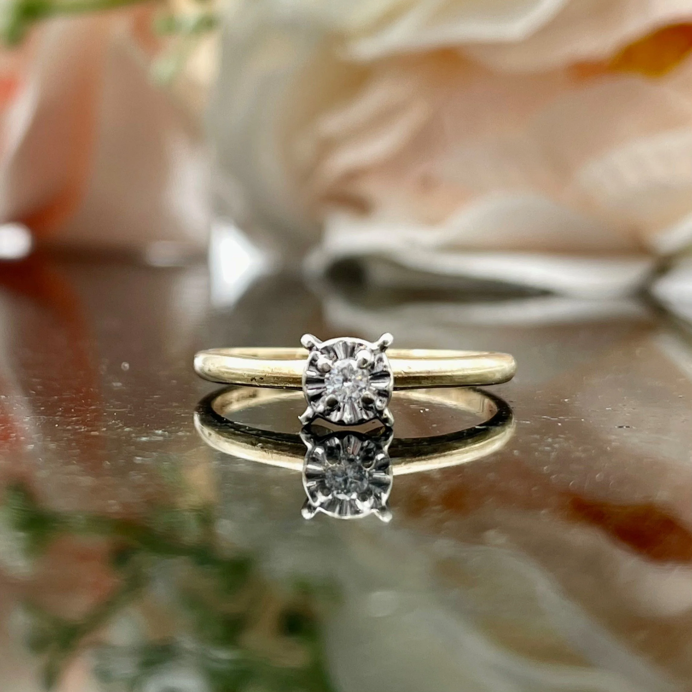 10k Yellow Gold Vintage Miracle Set .05ct Solitaire Diamond Engagement Ring