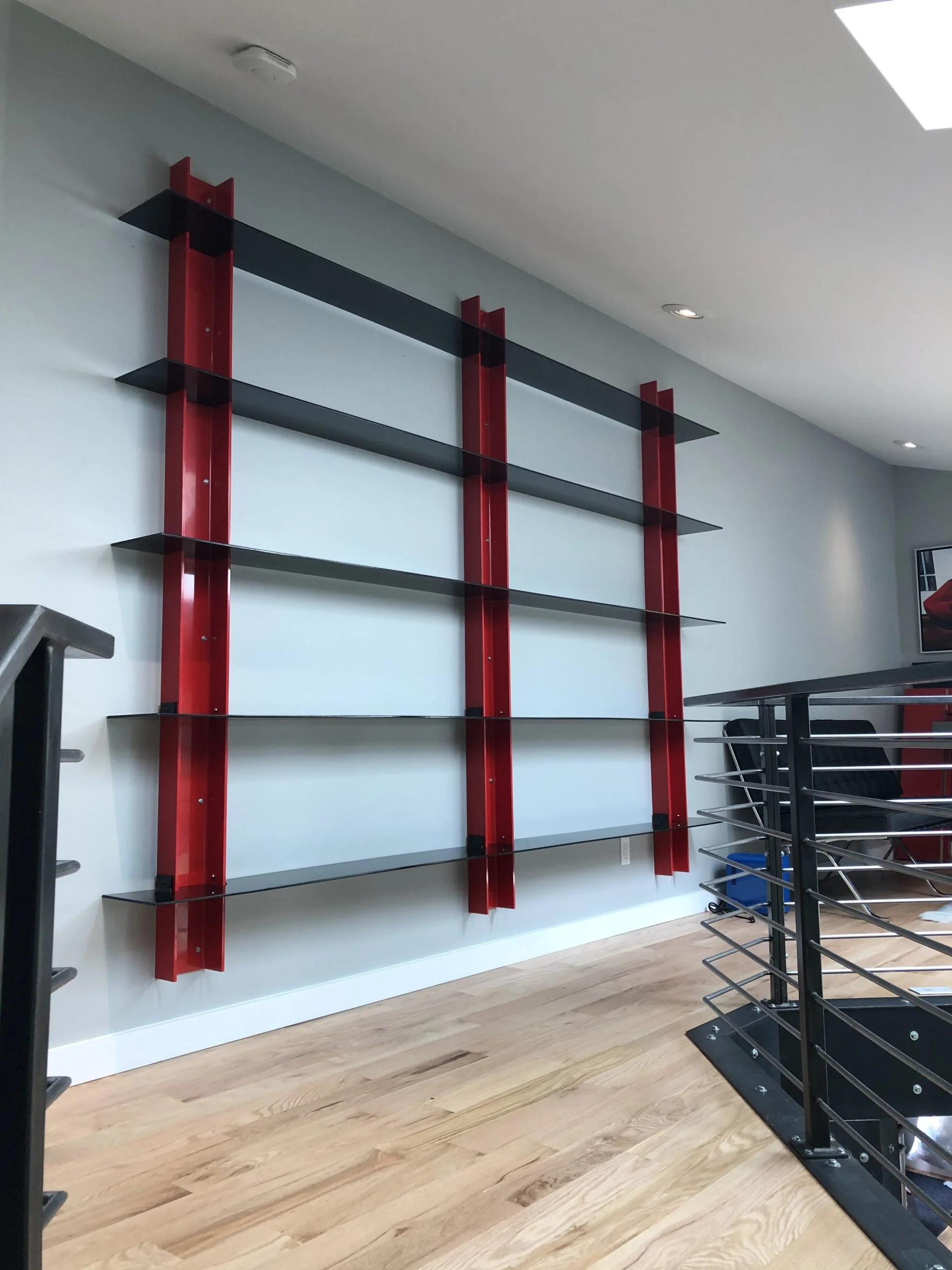 Metal shelving, in red