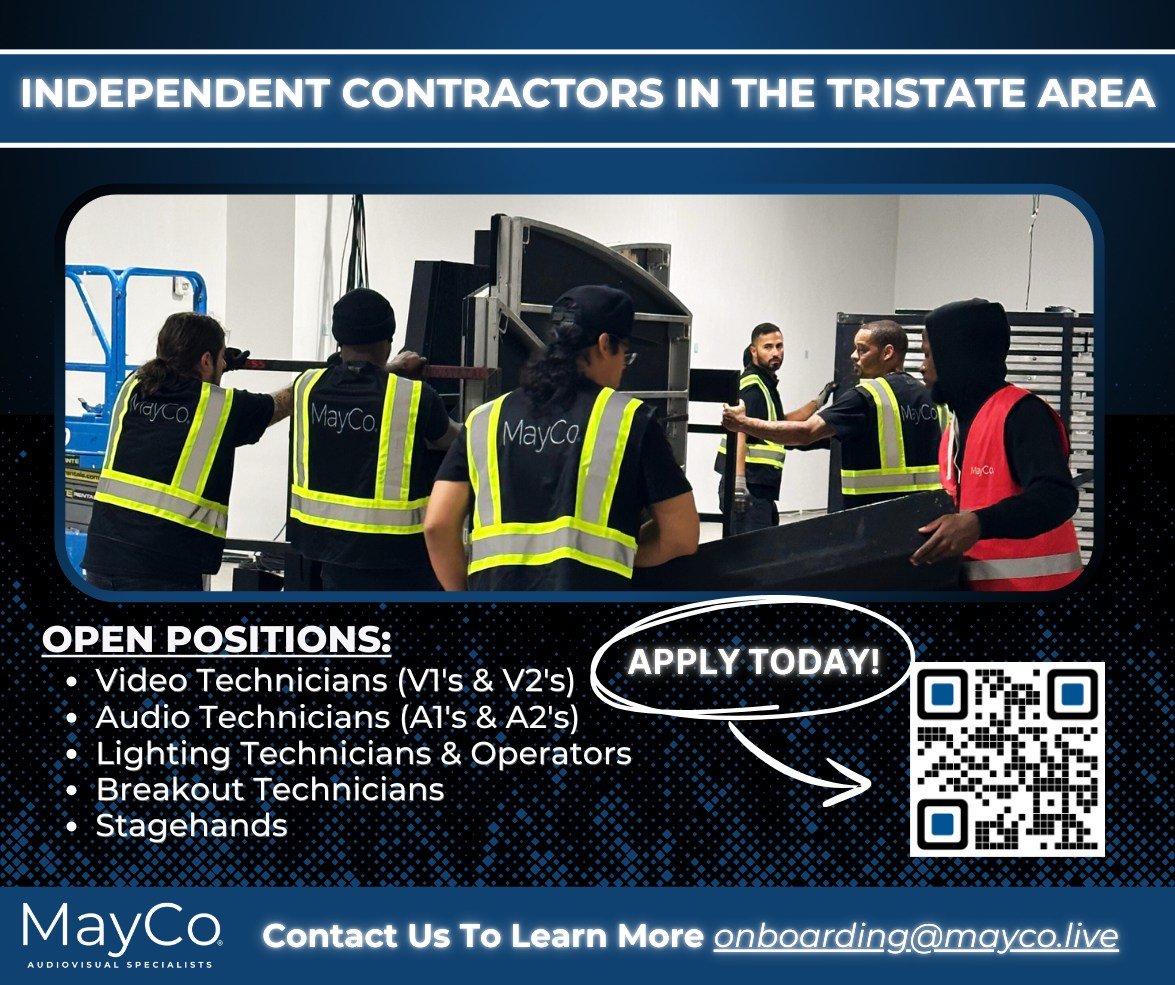 *Join Our Team at MayCo!**
Are you an experienced audiovisual technician looking for exciting opportunities in the tristate area? MayCo is expanding our team and we want YOU! We are currently seeking skilled A1 and A2 audio technicians, V1 and V2 vid