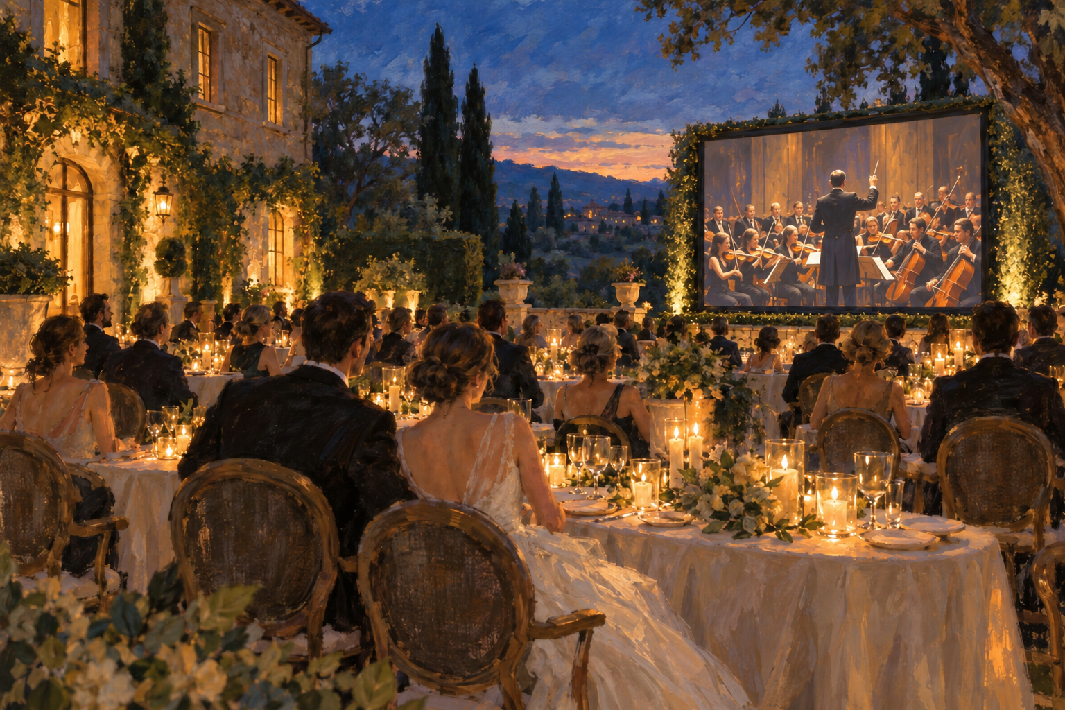Oil-style illustration of wedding guests watching a filmed orchestral performance on a large screen at a candlelit garden reception.