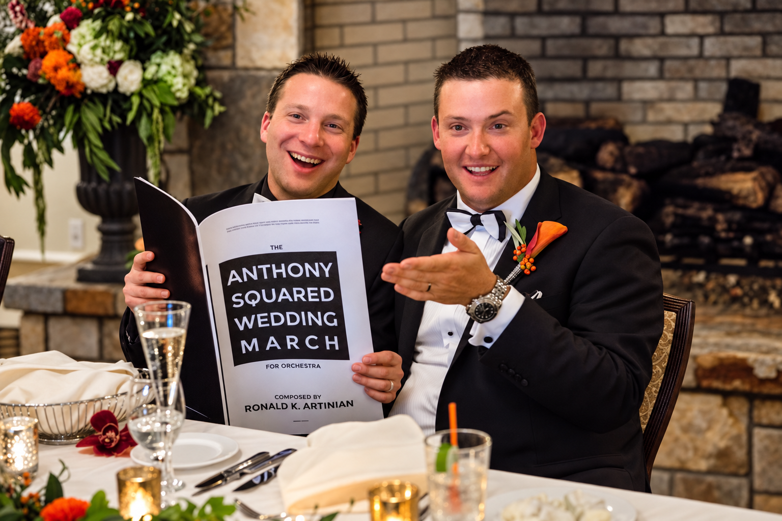Anthony and Anthony smiling with the printed score of their personalized A² Wedding March at their wedding reception.