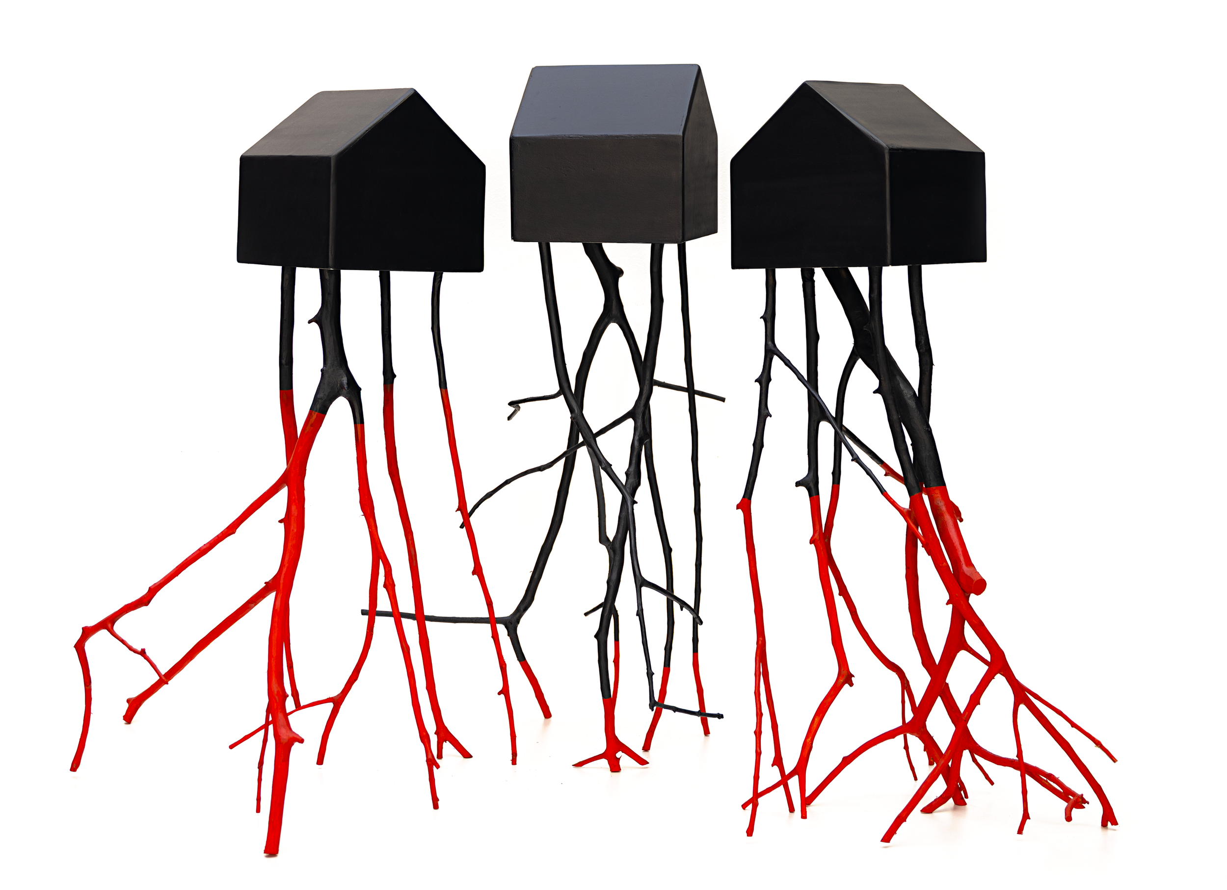 Topologia Ribeirinha I, II e III, 2026. Houses: 30 x 30 x 30 cm (approximately) | Branches: varied dimensions. Acrylic on wood.