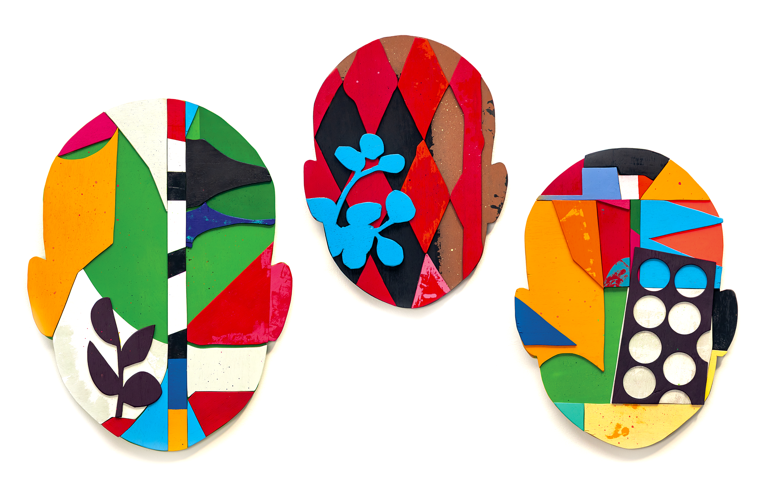 Rastros I, II and III, 2026. Assemblage. Acrylic on wood.