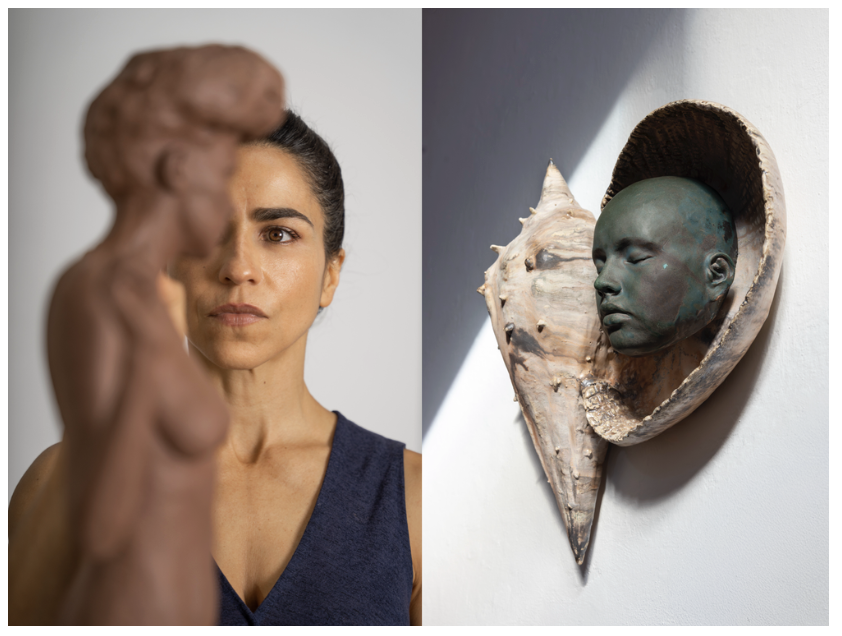 Split image with a person smiling in a blue top on the left and an ancient marble statue of a man with tattered clothing on the right.