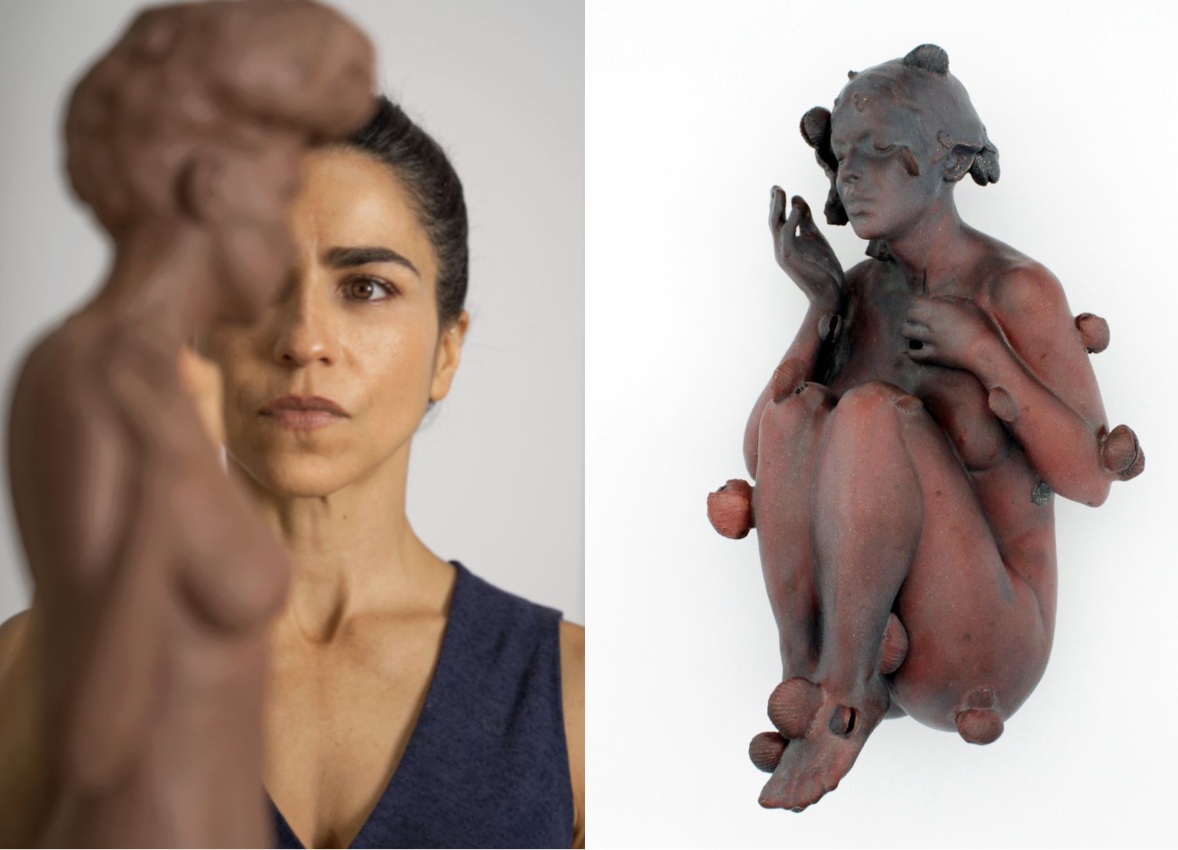 A woman smiling with dark hair in a bun and sleeveless top on the left, and a detailed, weathered statue of a person with intricate clothing and a somber expression on the right.